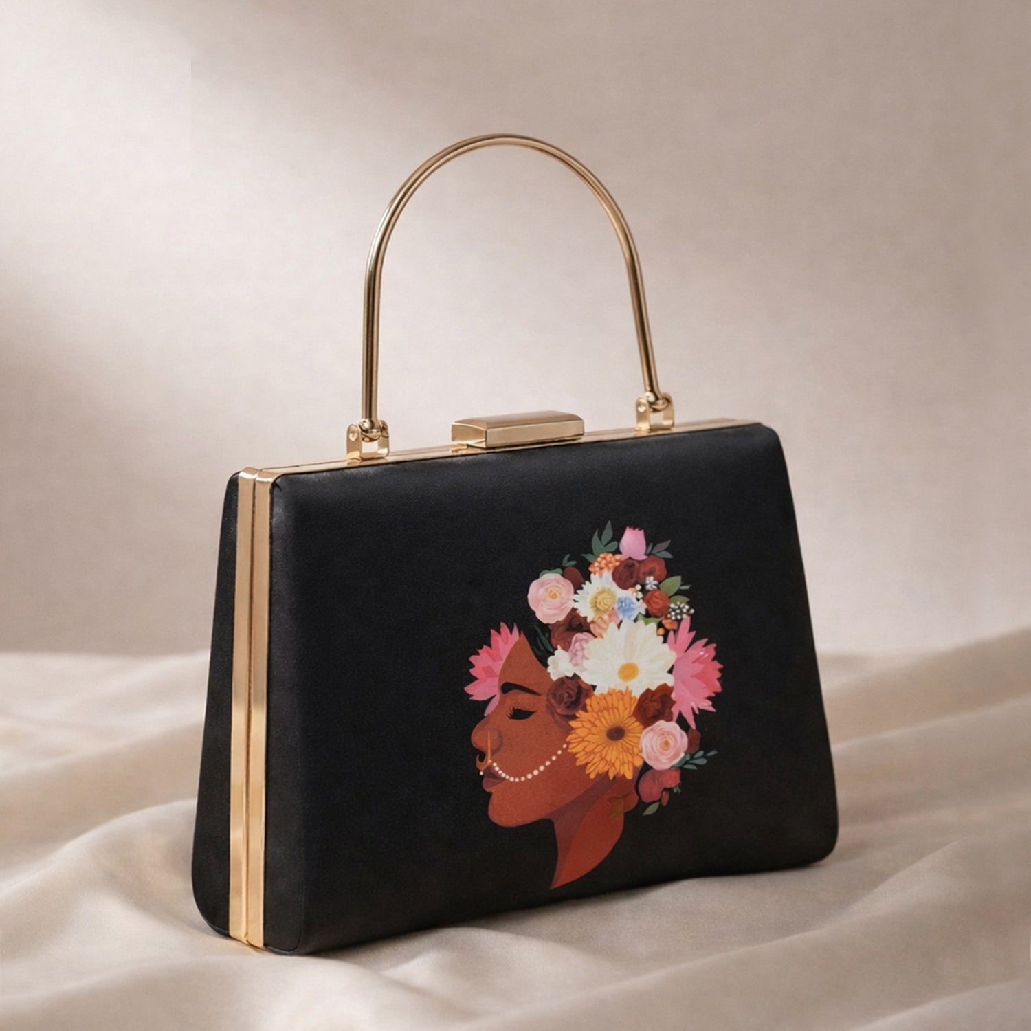 Artklim Black Based Floral Lady Portrait Printed Clutch