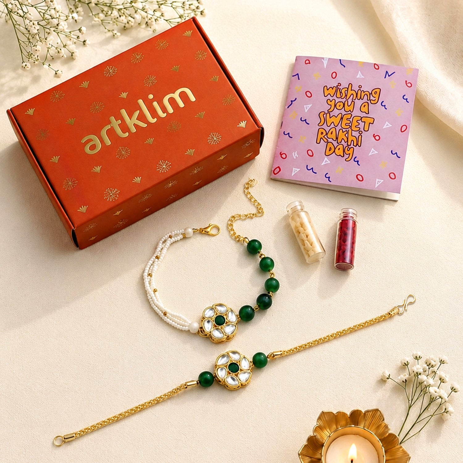 Artklim Green Kundan Floral Bhaiya Bhabhi Rakhi Set