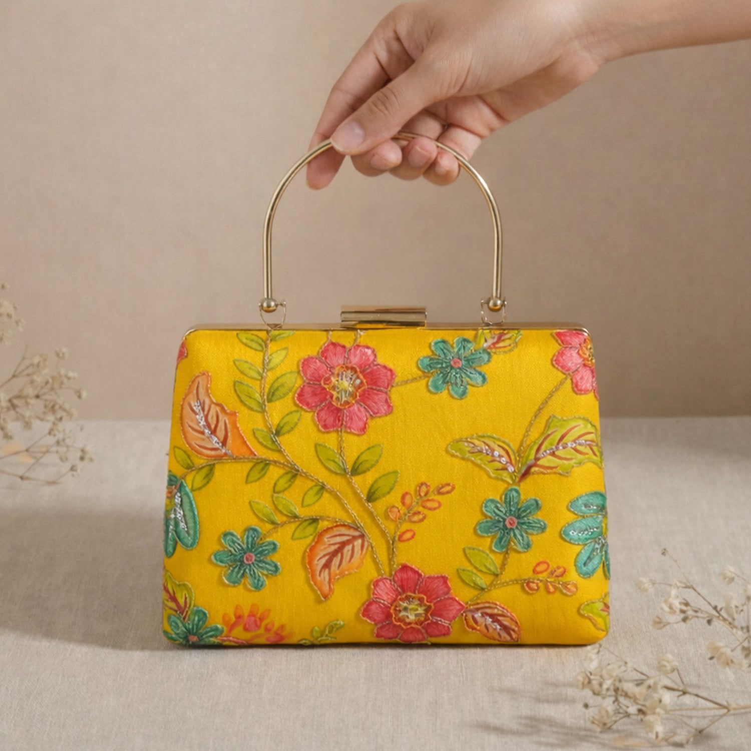 Artklim Mustard Yellow Floral Embroidered Clutch