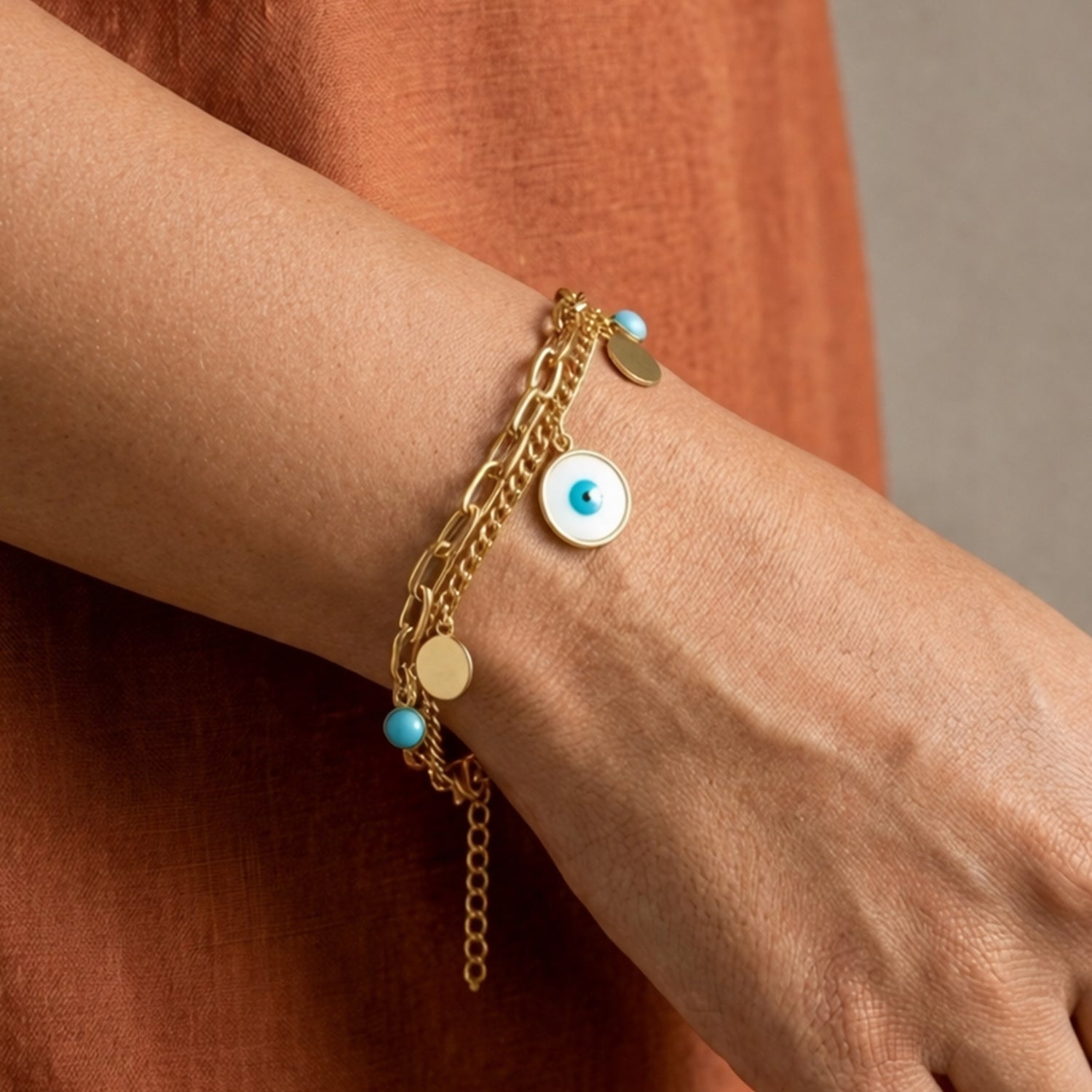 Artklim Gold Evil Eye Charm Anti-Tarnish Bracelet