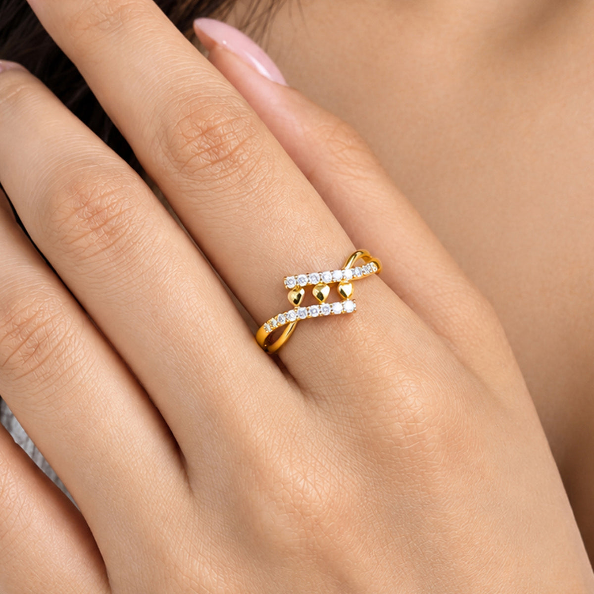 Artklim Luxe Triple-Bead Crystal Gold-Tone Anti-Tarnish Ring