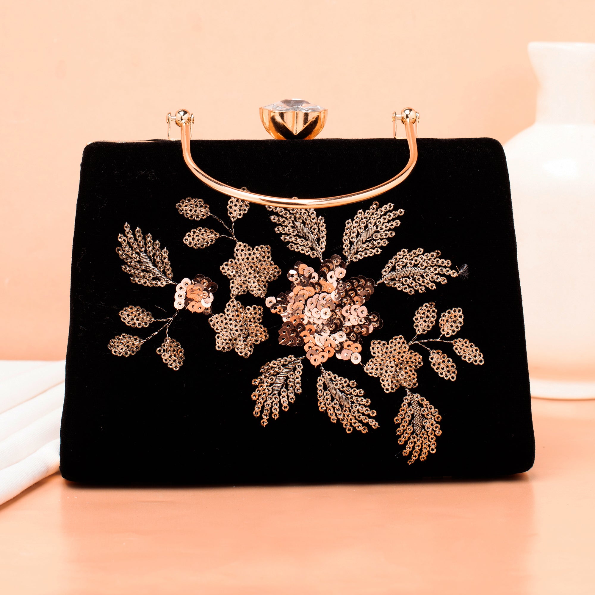 Artklim Black Based Floral Sequins Embroidery Ethnic Clutch