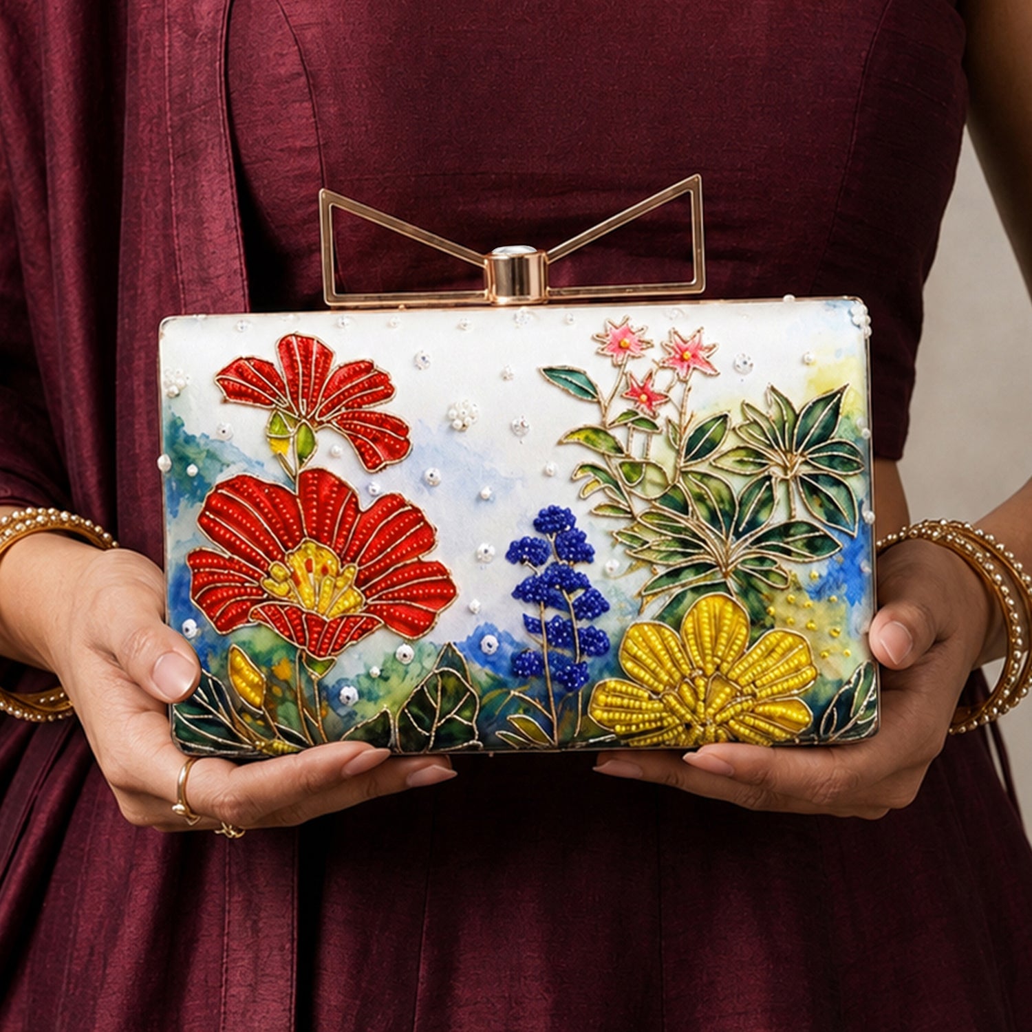 Artklim Printed Multicolor Botanical Floral Designer Clutch with Hand Embroidery