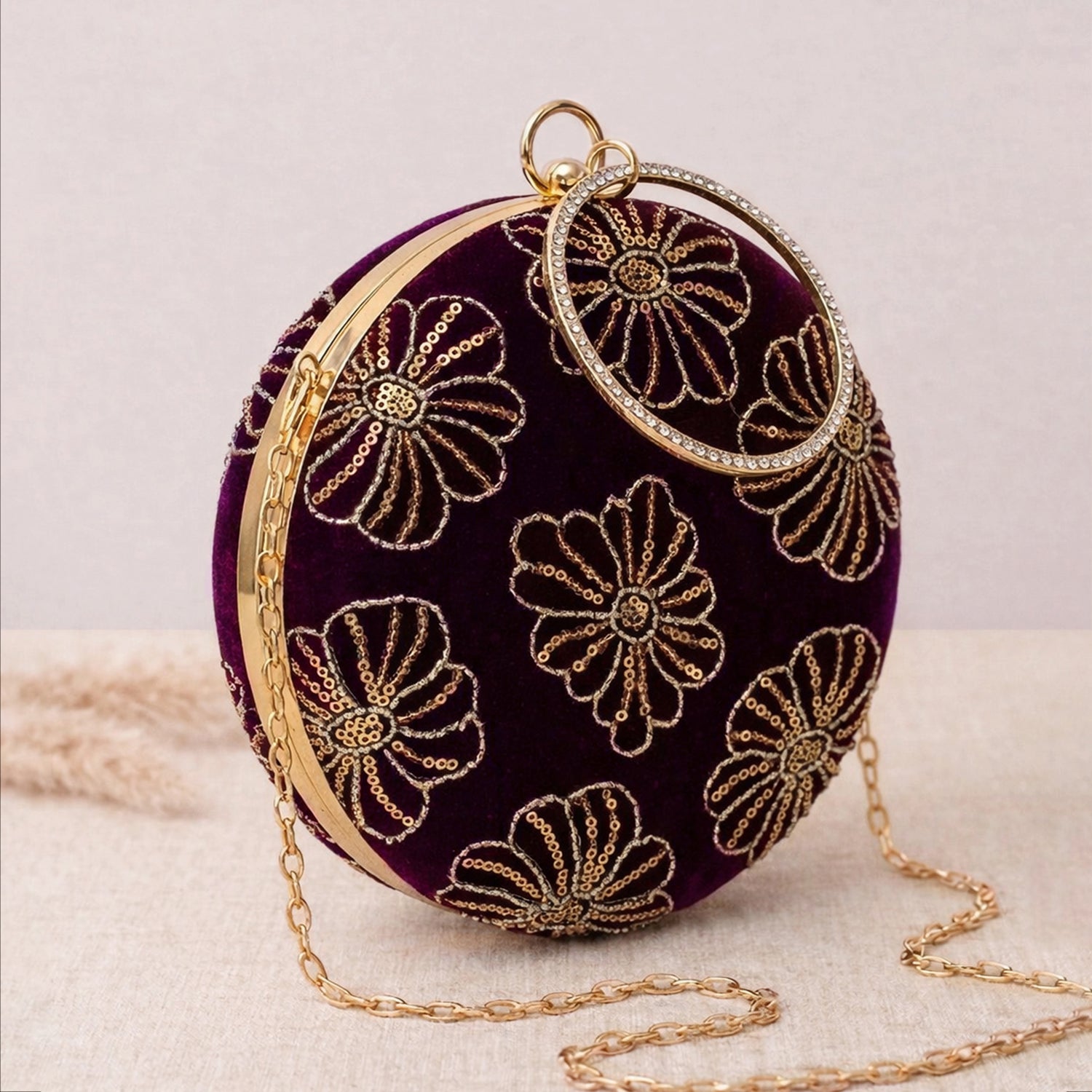 Artklim Regal Plum Velvet Floral Embroidery Clutch