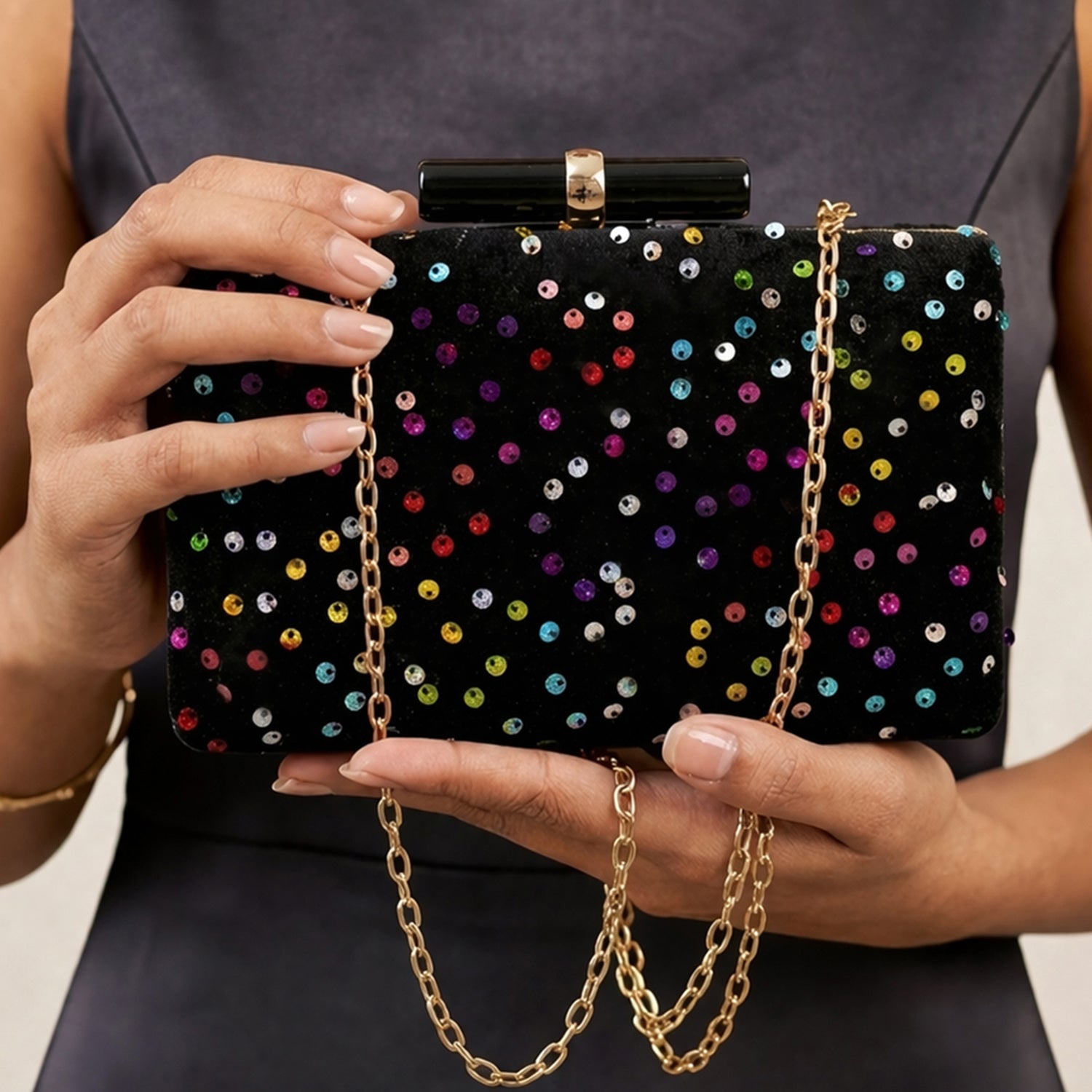 Artklim Chic Black Multicolor Sequin Embroidery clutch