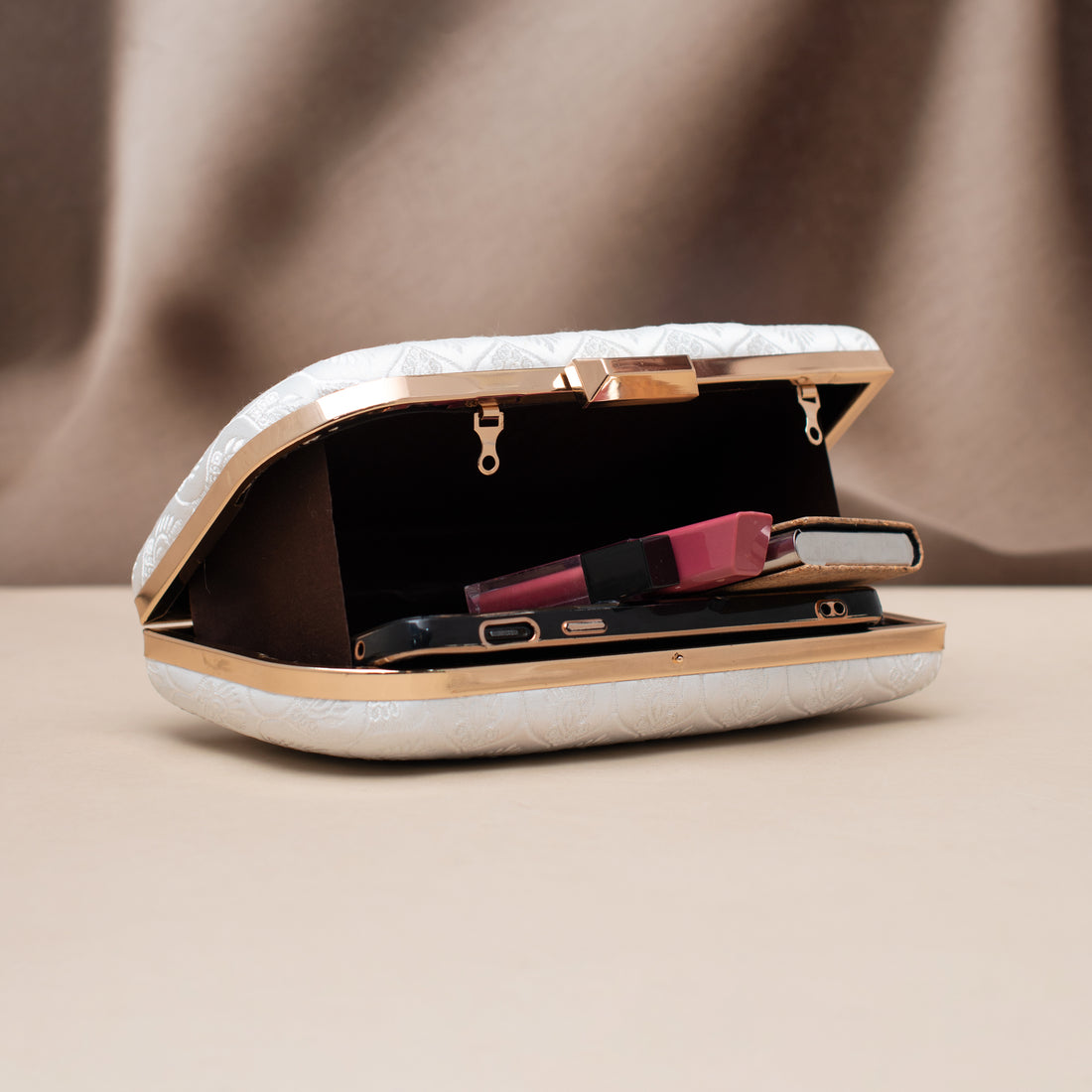 Artklim Ivory Lotus Embossed Embroidered Clutch