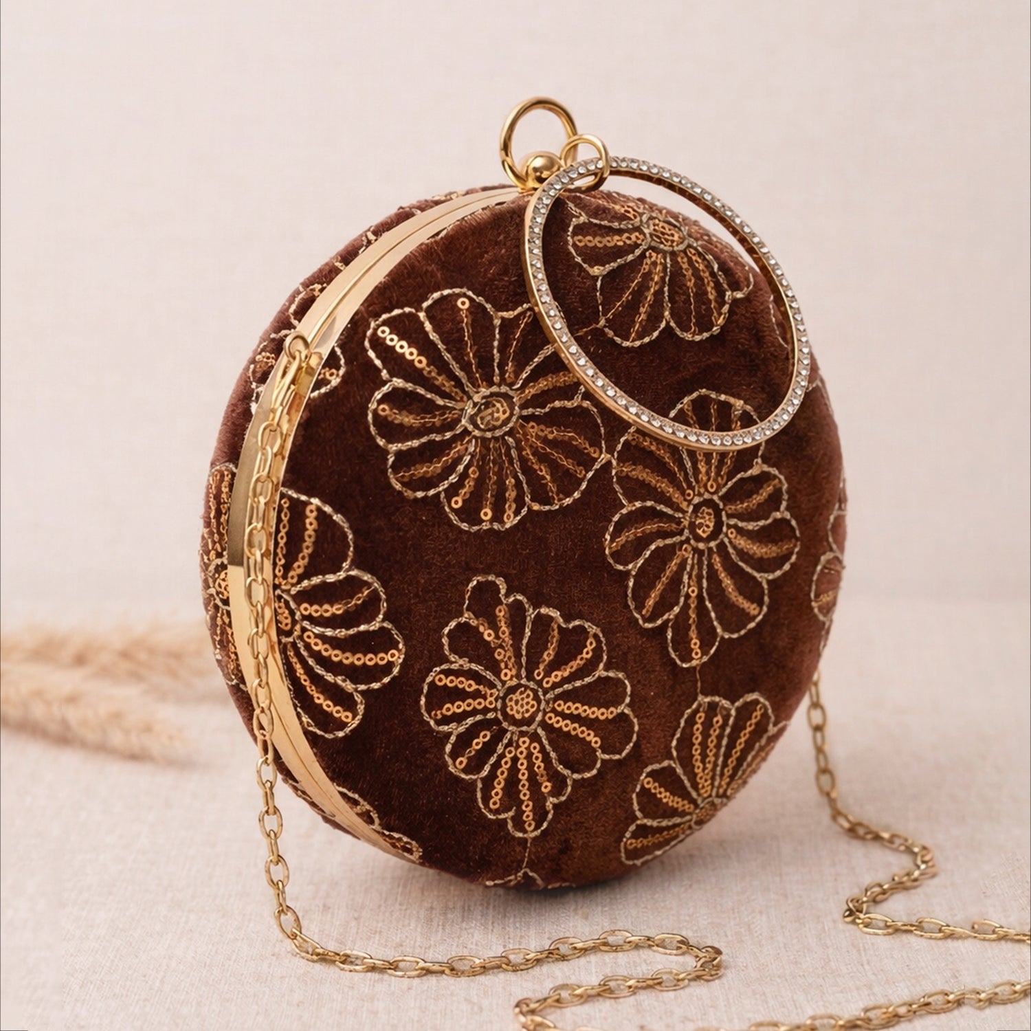 Artklim Vintage Mocha Velvet Floral Embroidery Clutch