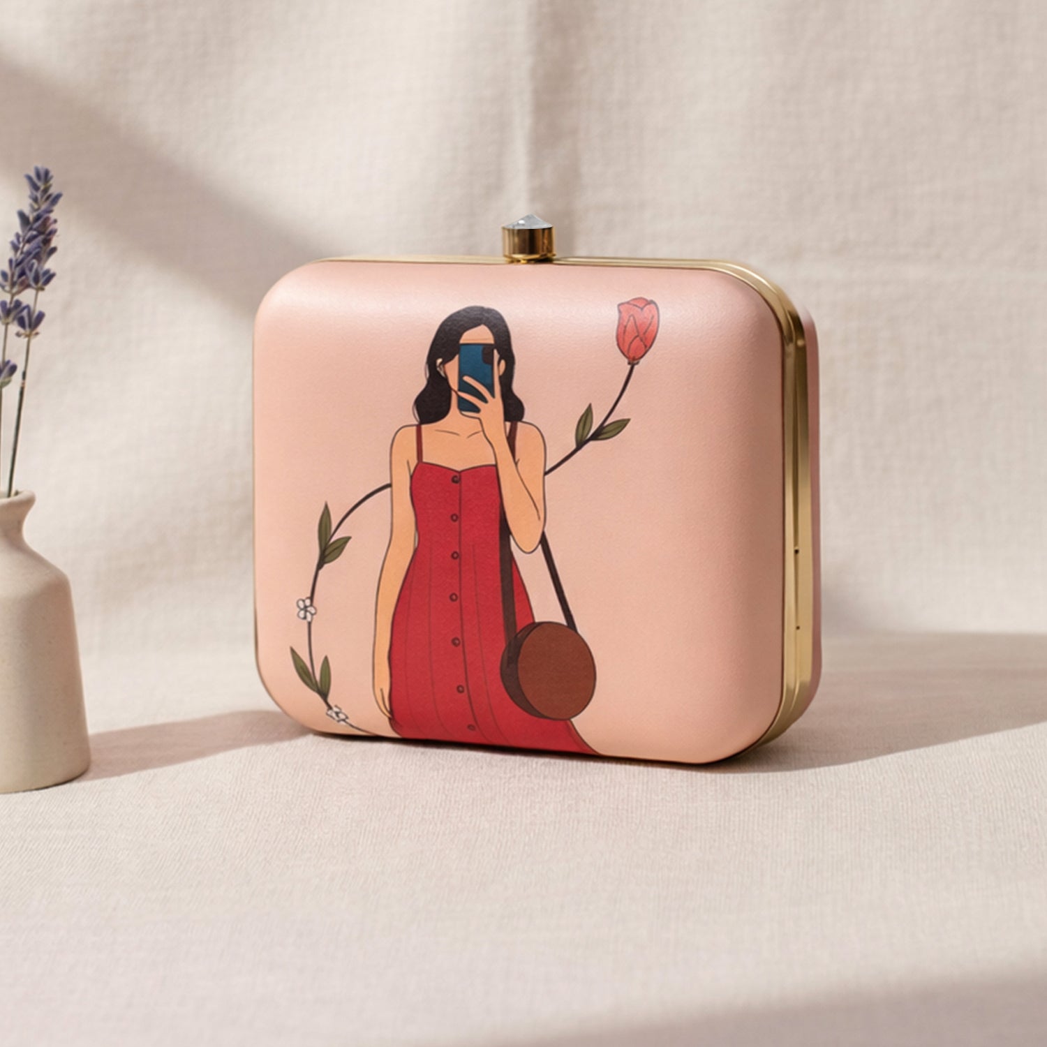 Artklim Peach Based Selfie Girl Portrait Printed Clutch
