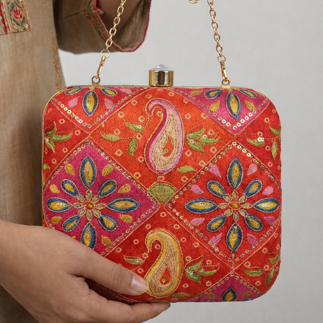 Artklim Chic Red Hard Case with Paisley & Floral Embroidered Clutch