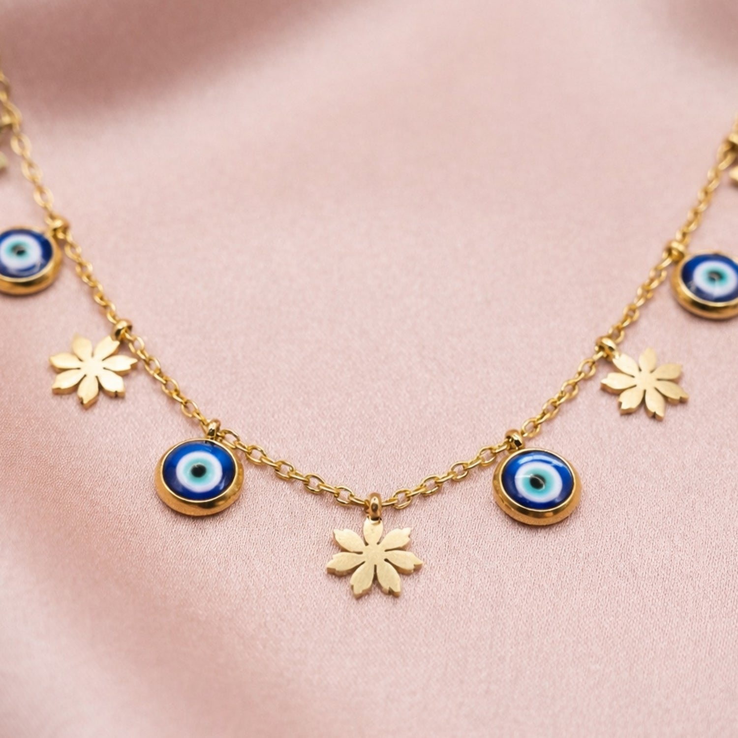 Artklim Gold-Plated Evil Eye & Floral Charm Anti-Tarnish Necklace