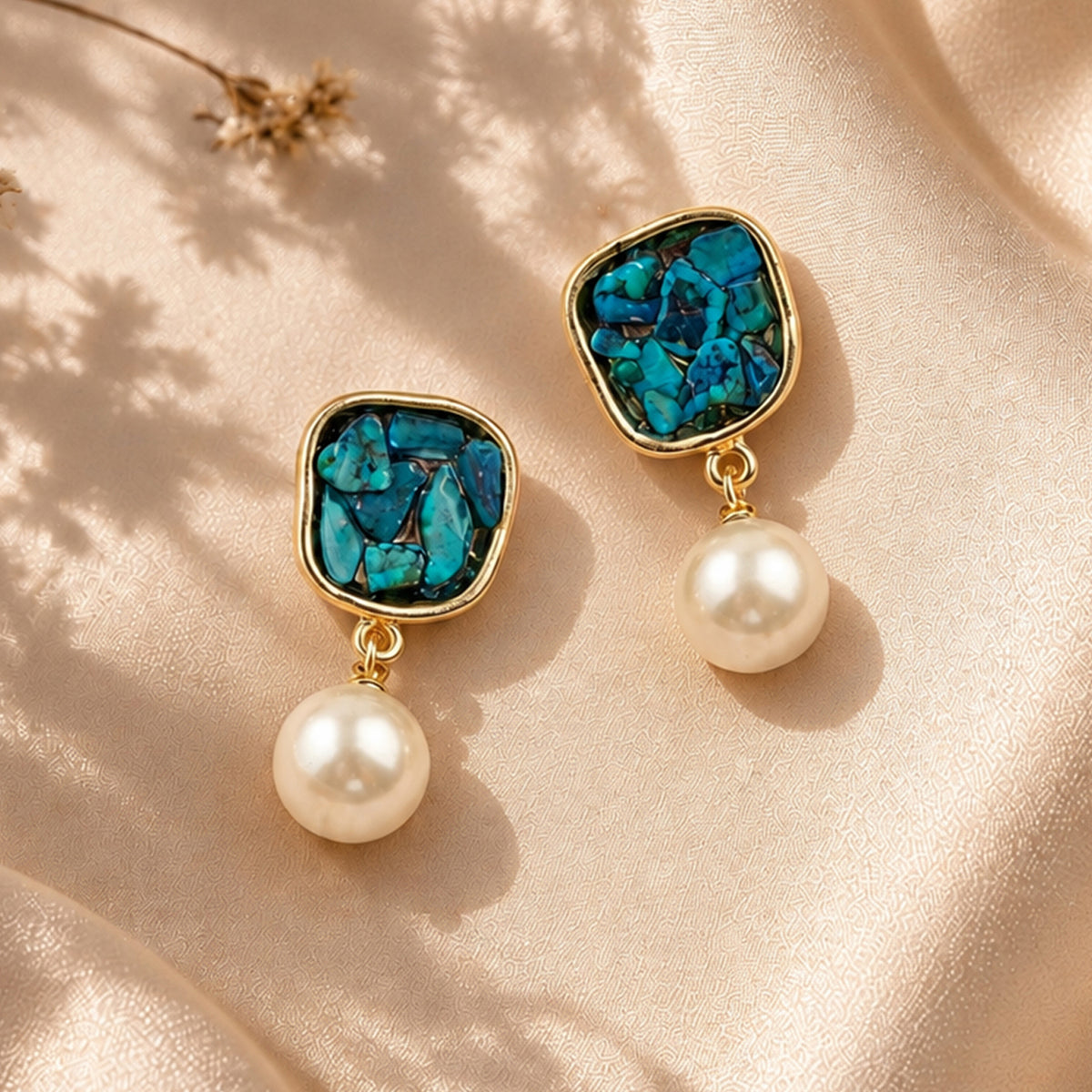 Artklim Elegant Blue Stone Pearl Gold-Tone Anti-Tarnish Earring