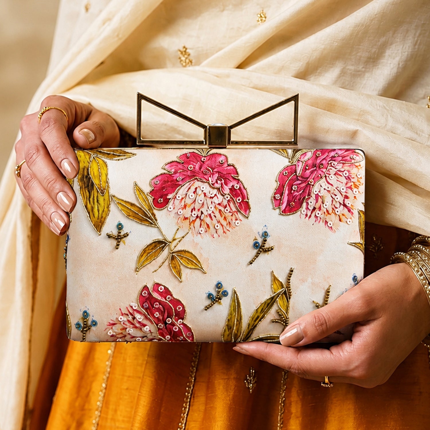 Artklim Printed Blush Pink Floral Designer Clutch with Hand Embroidery