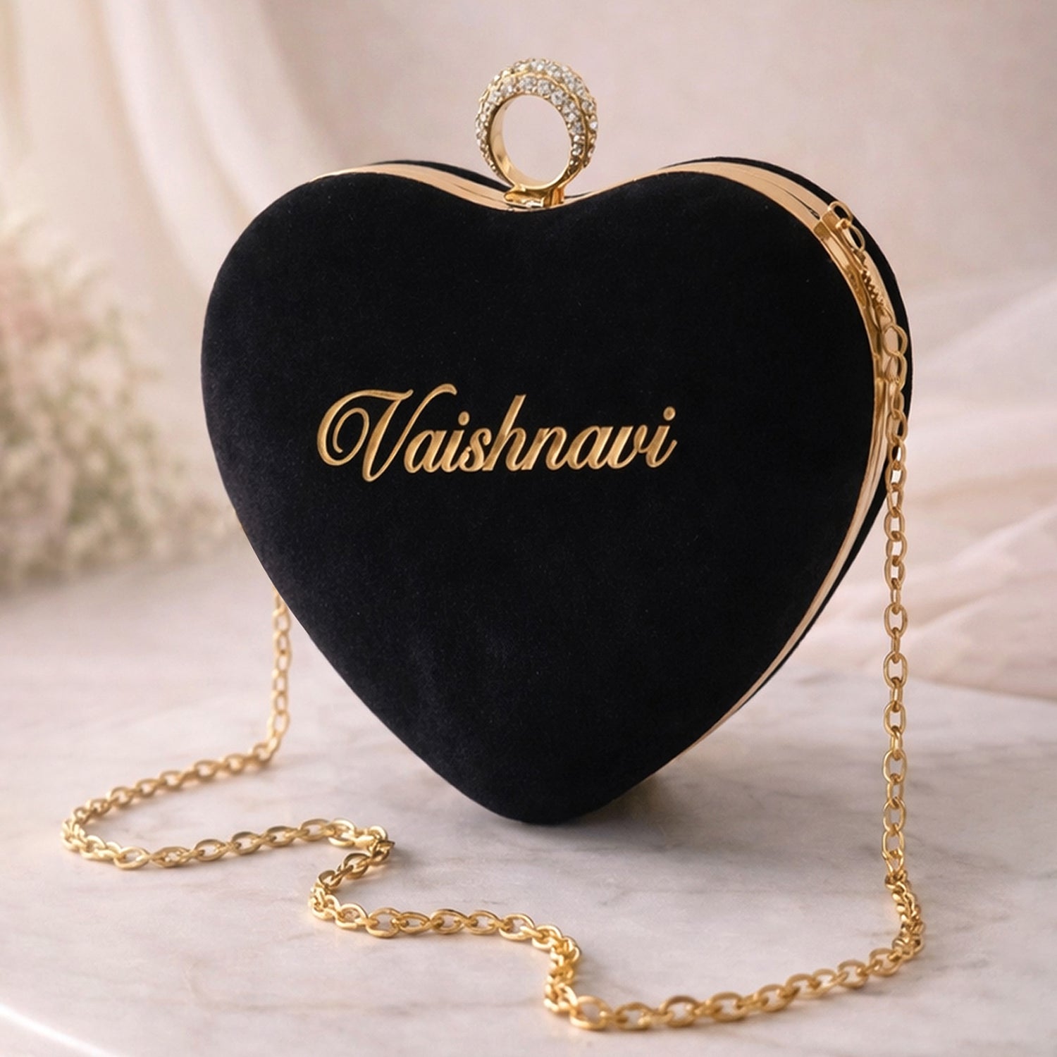 Artklim Black Heart-Shaped Velvet Name Customized Clutch