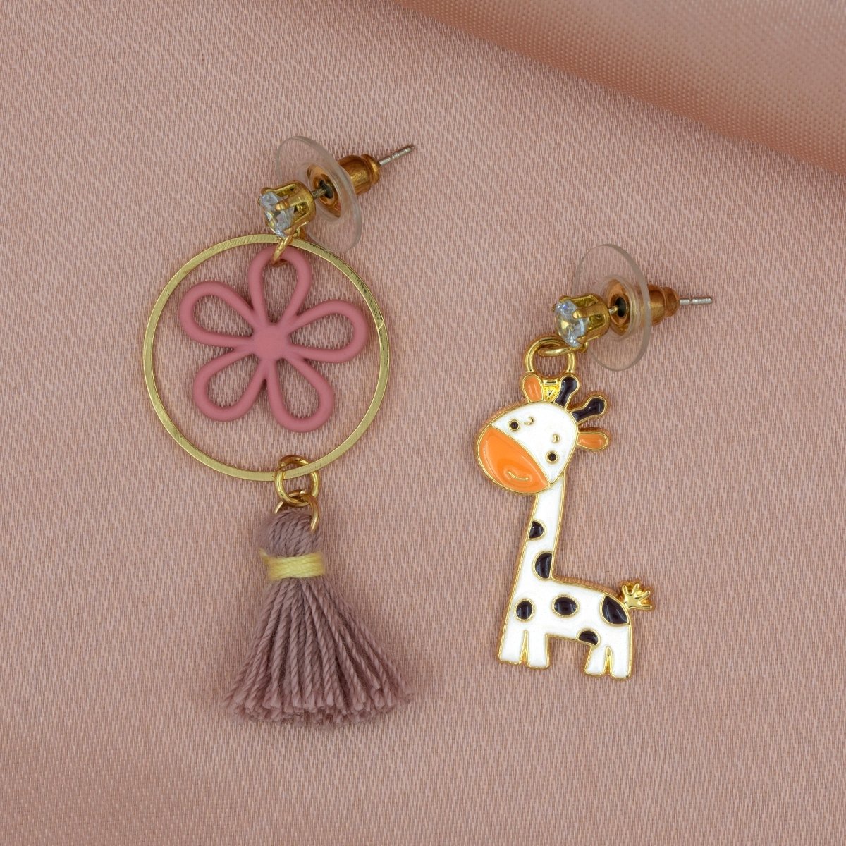 Artklim Cute Giraffe And Floral Charm Mismatched Drop Earrings