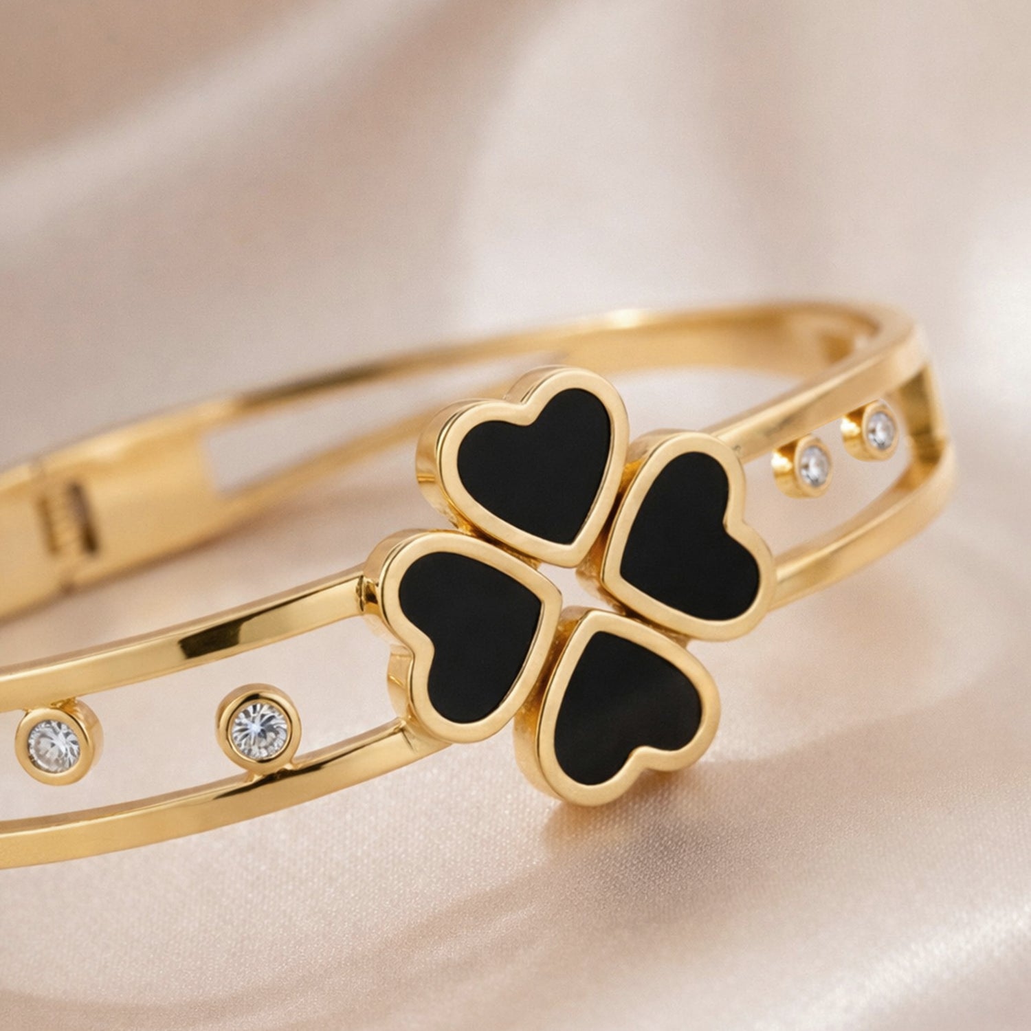 Artklim Gold Plated Four Heart Black Anti-Tarnish Bangle Bracelet