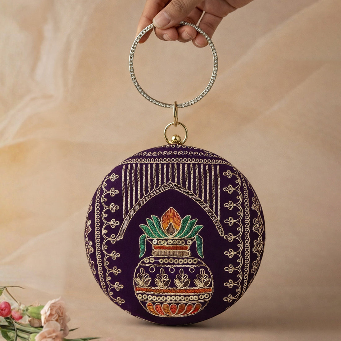 Artklim Royal Purple Round Embroidered Clutch