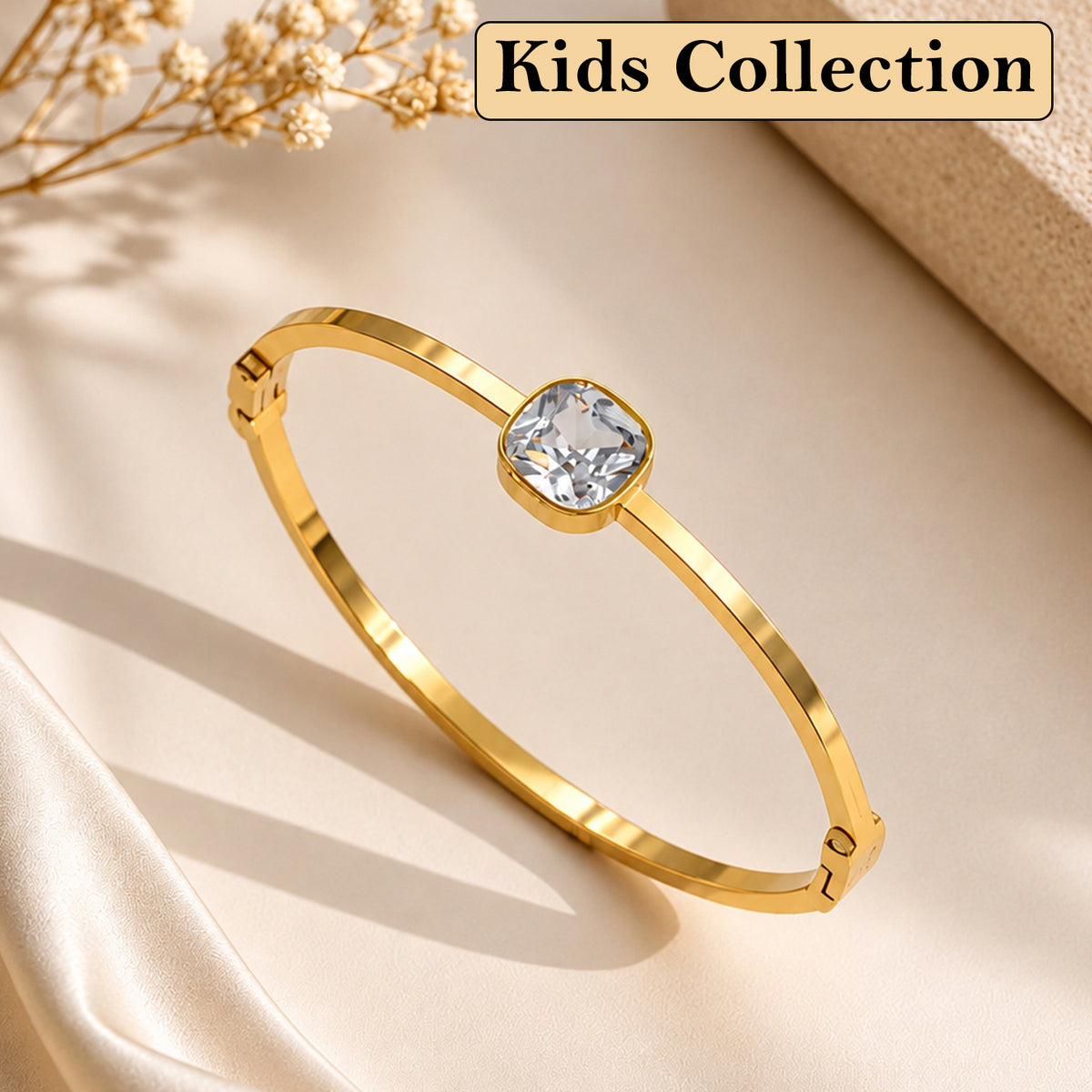 Artklim Classic Solitaire Crystal Gold-Tone Anti-Tarnish Kids Bangle Bracelet