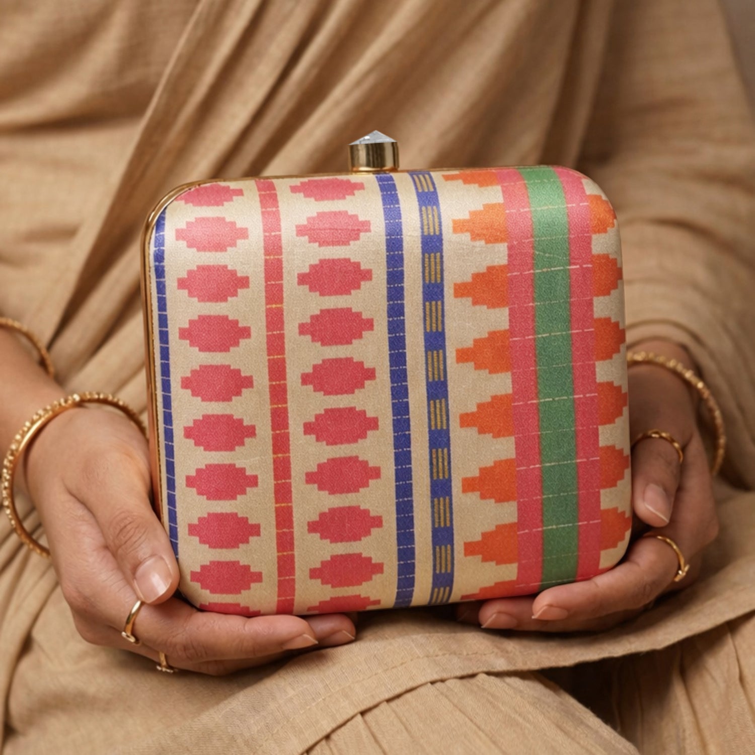 Artklim Ethnic Multicolor Printed  Embroidered Clutch