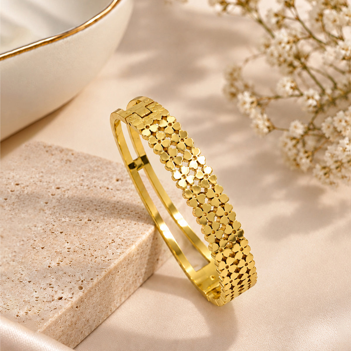 Artklim Elegant Floral Textured Gold Cuff Anti-Tarnish Bangle Bracelet