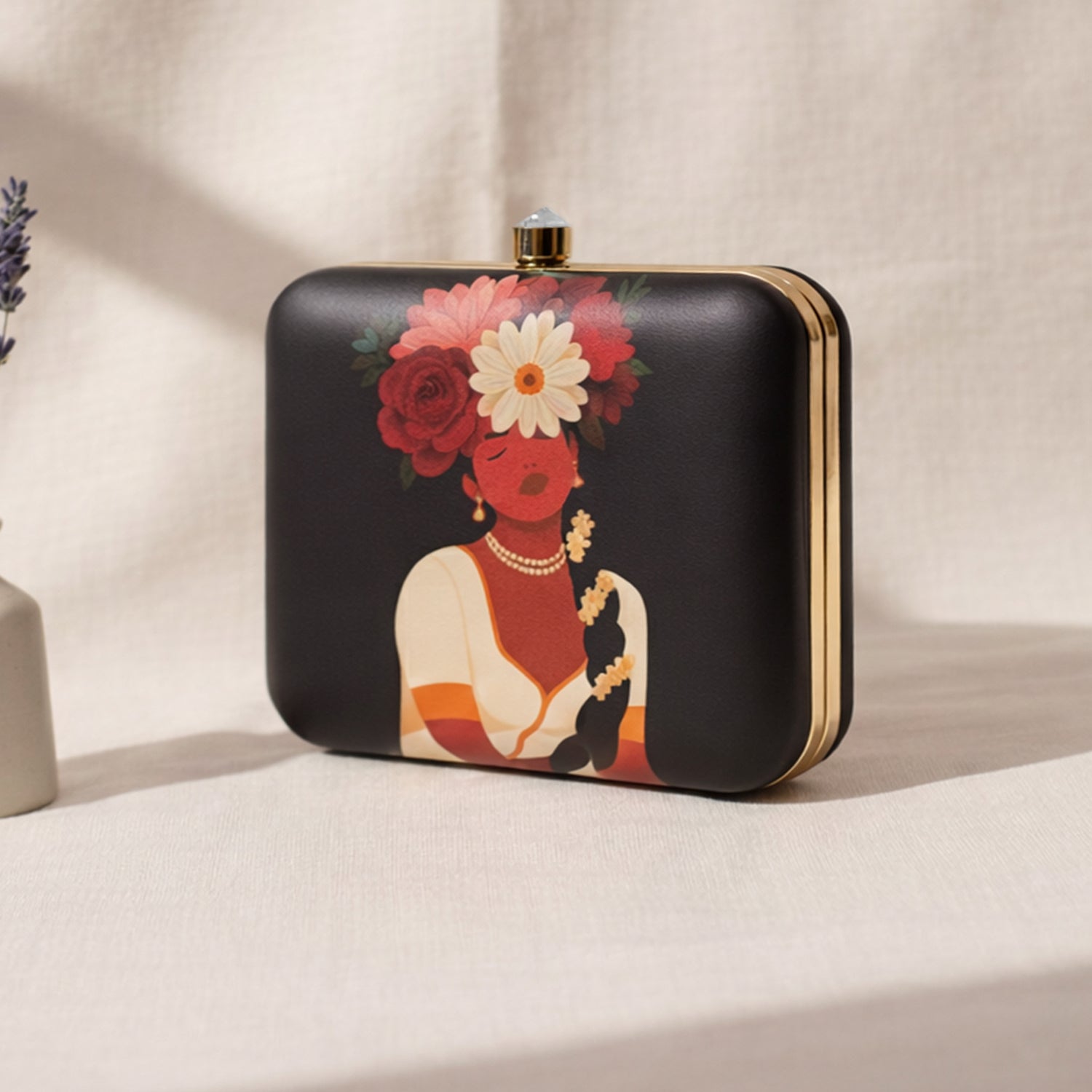 Artklim Black Based Afro Woman Portrait Printed Clutch