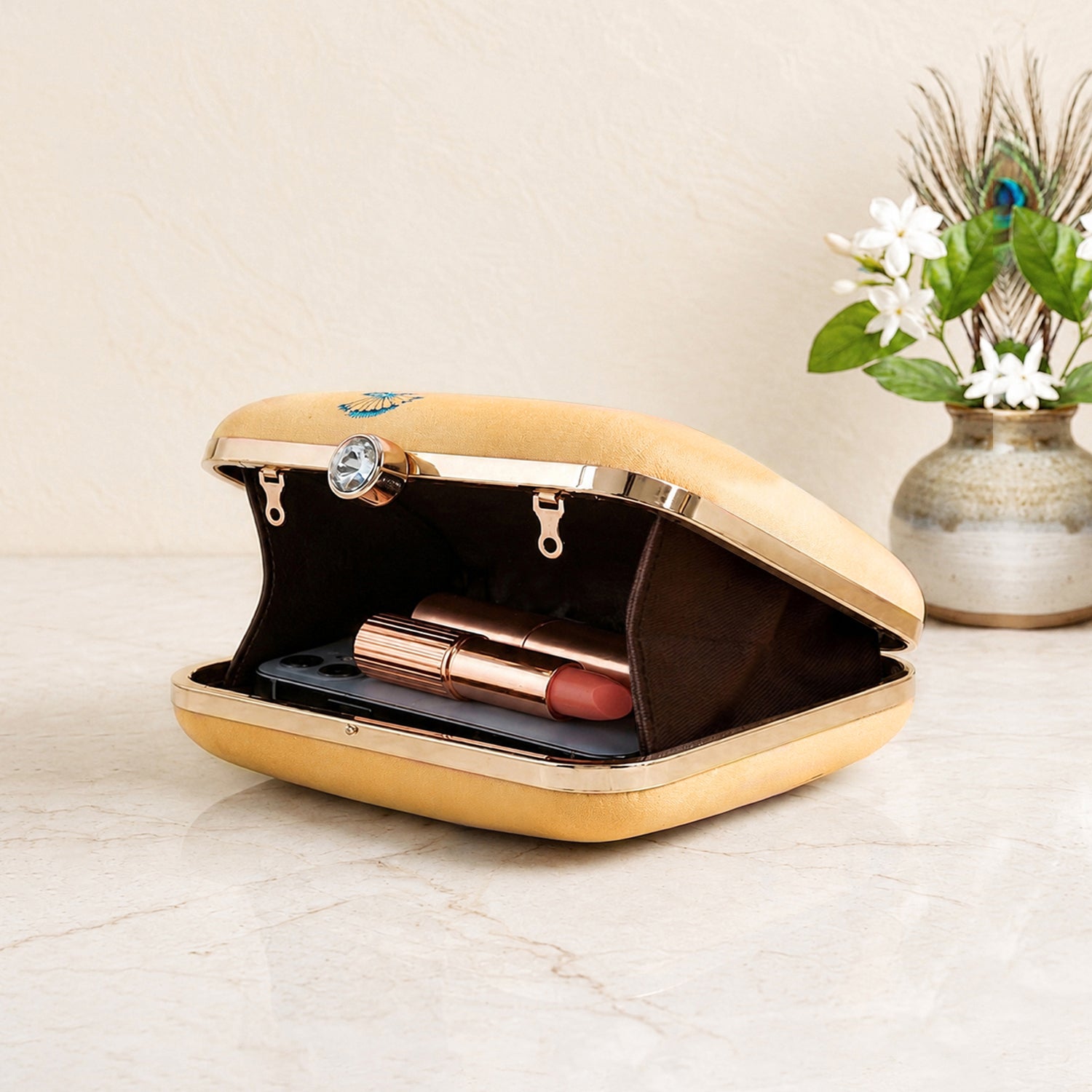 Orange-Peach Based Peacock Printed Clutch