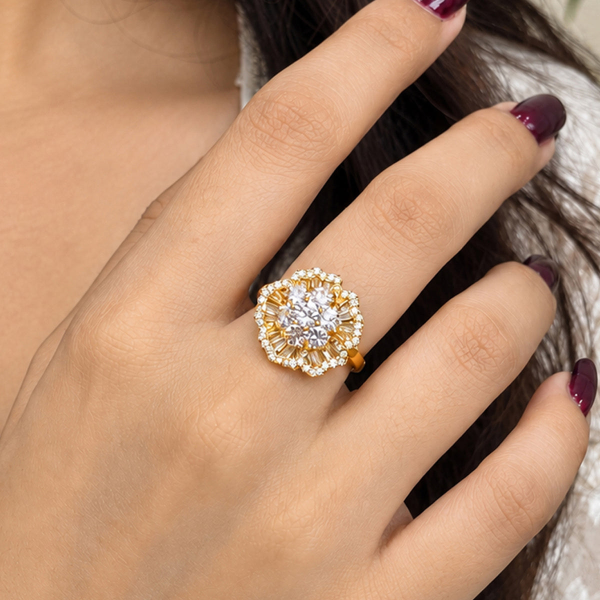 Artklim Floral Sparkle Gold-Tone Crystal Statement Anti-Tarnish Ring