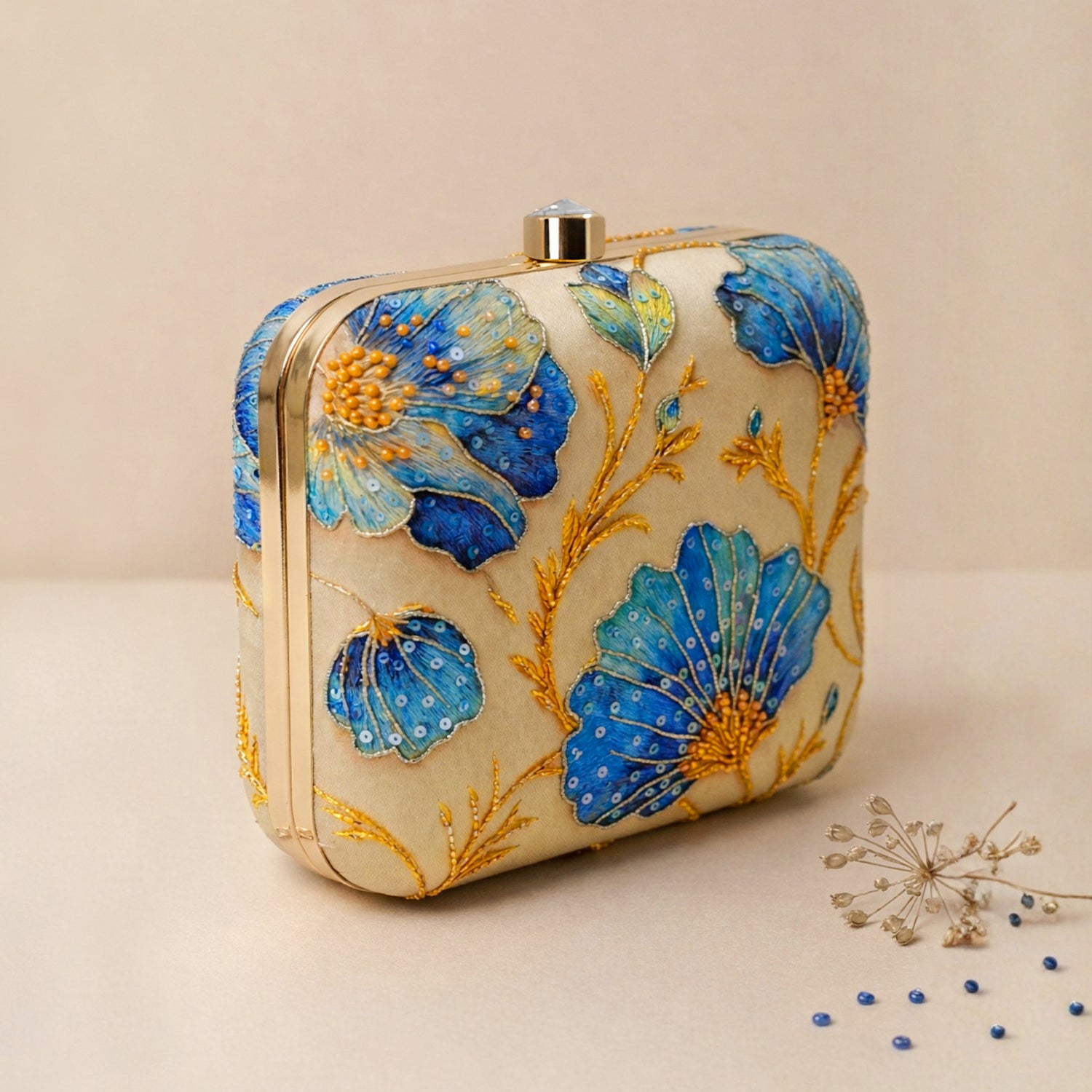 Artklim Printed Blue Floral Beaded Clutch with Hand Embroidery