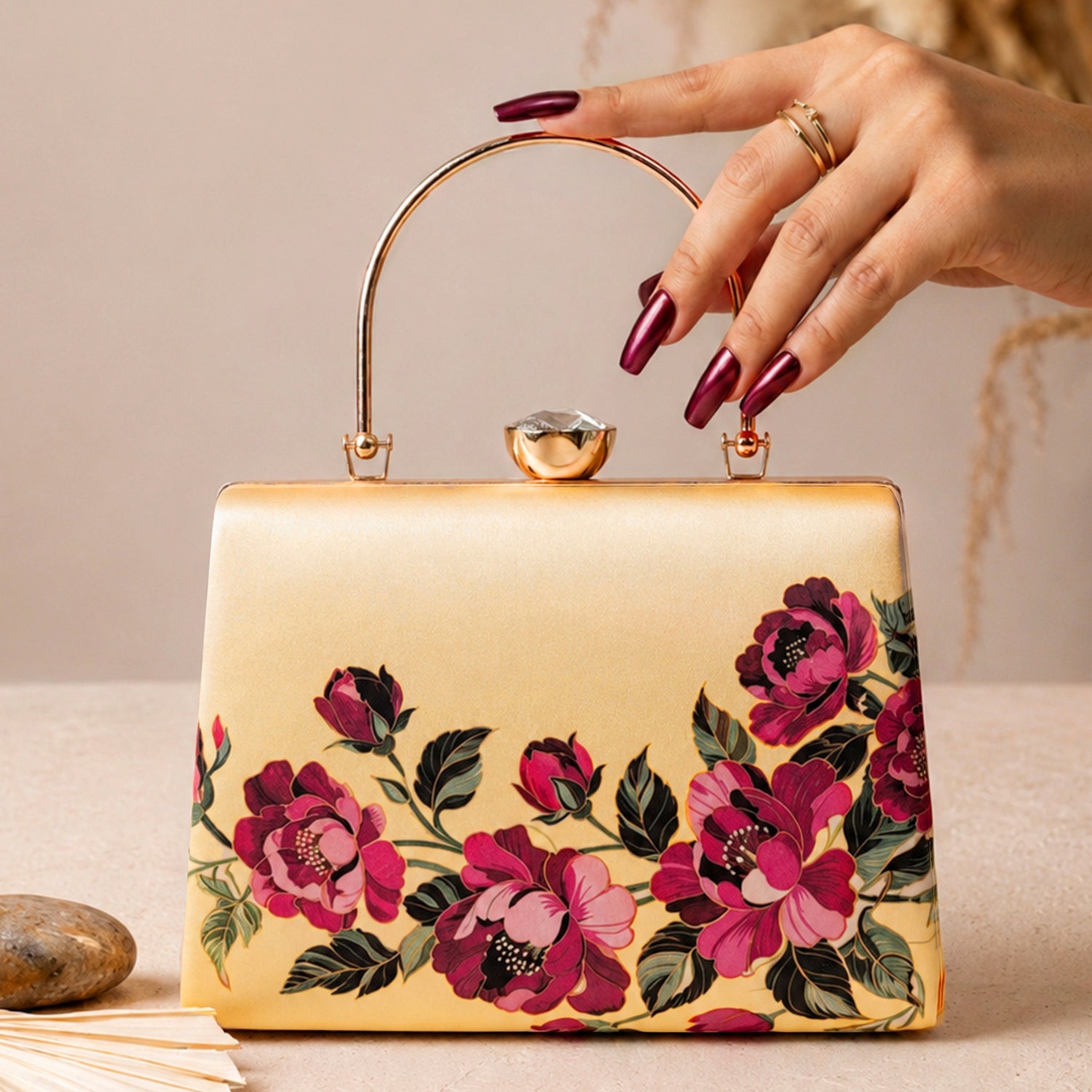 Artklim Gold Floral Embellished Luxury Clutch Bag
