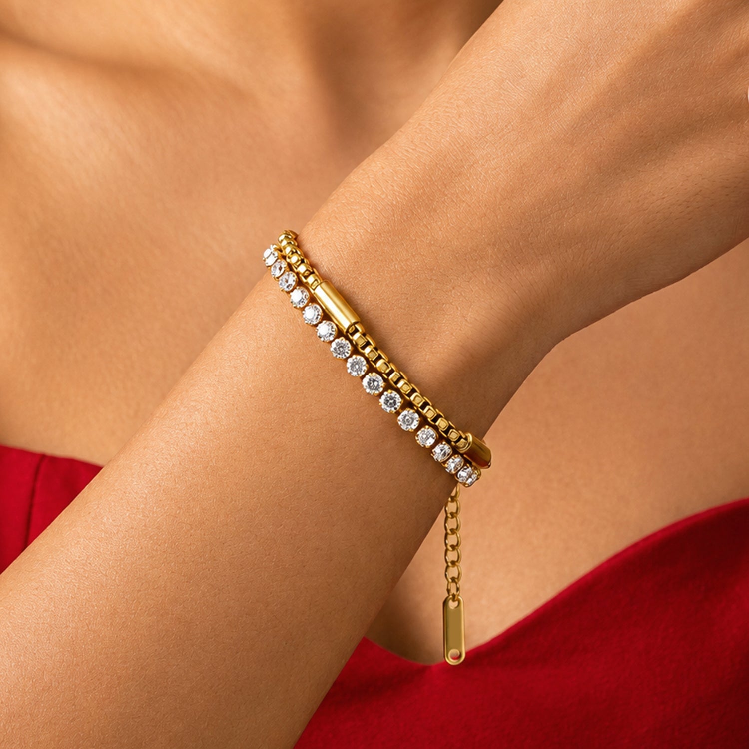 Artklim Luxury Double Row Crystal Tennis Gold-Tone Anti-Tarnish Bracelet