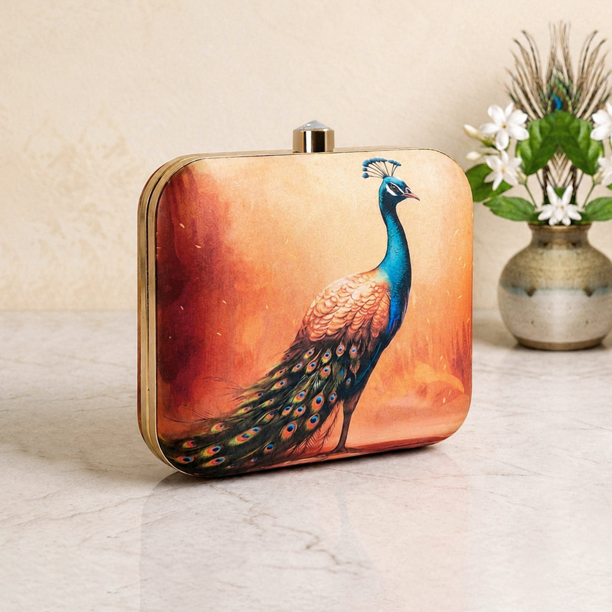 Artklim Peacock Printed Designer Chain Clutch