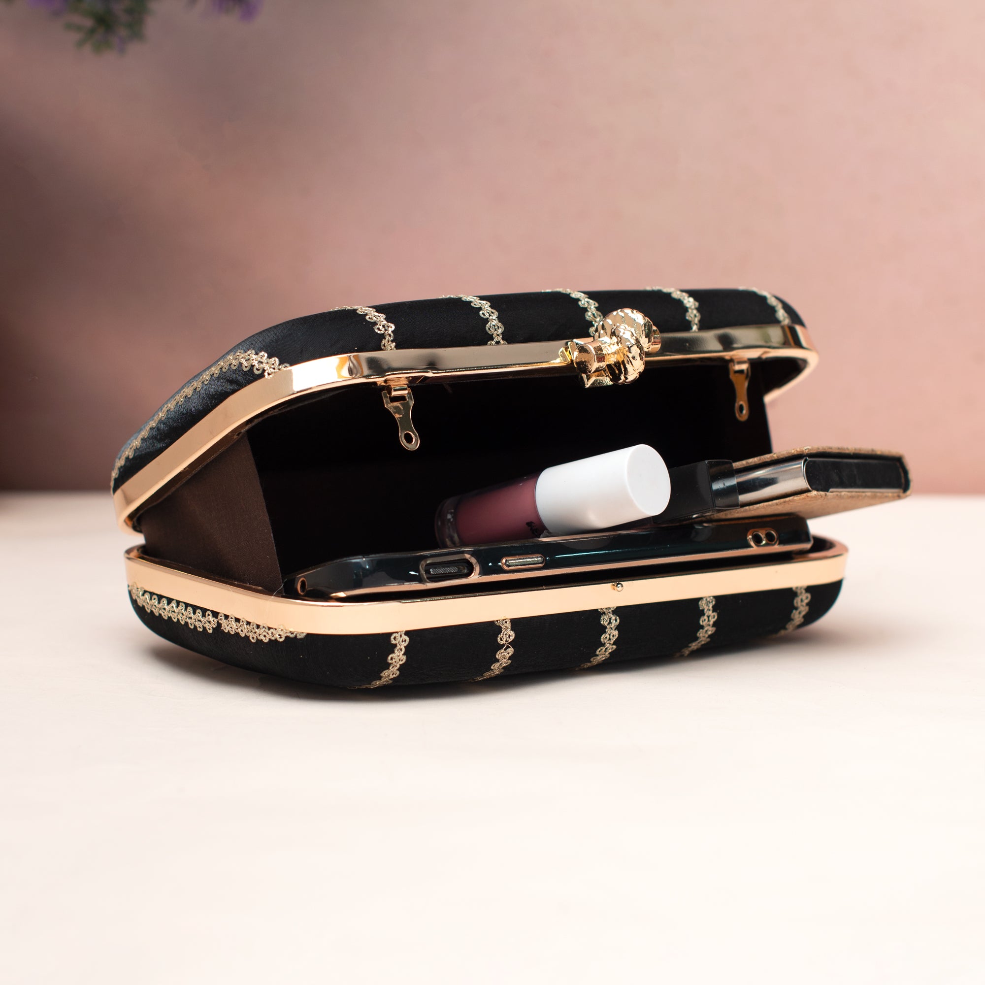 Artklim Midnight Black Gold-Striped Embroidered Clutch