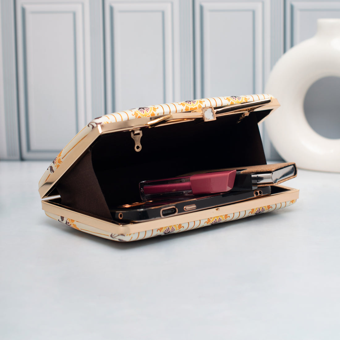 Artklim Ivory Gold Stripe Floral Printed Clutch