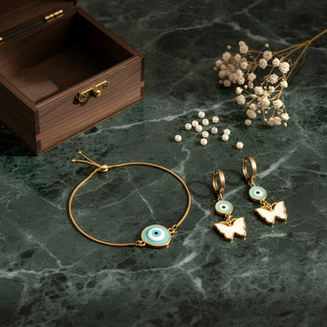 Artklim Anti Tarnish Evil Eye Bracelet & Butterfly Earrings Set