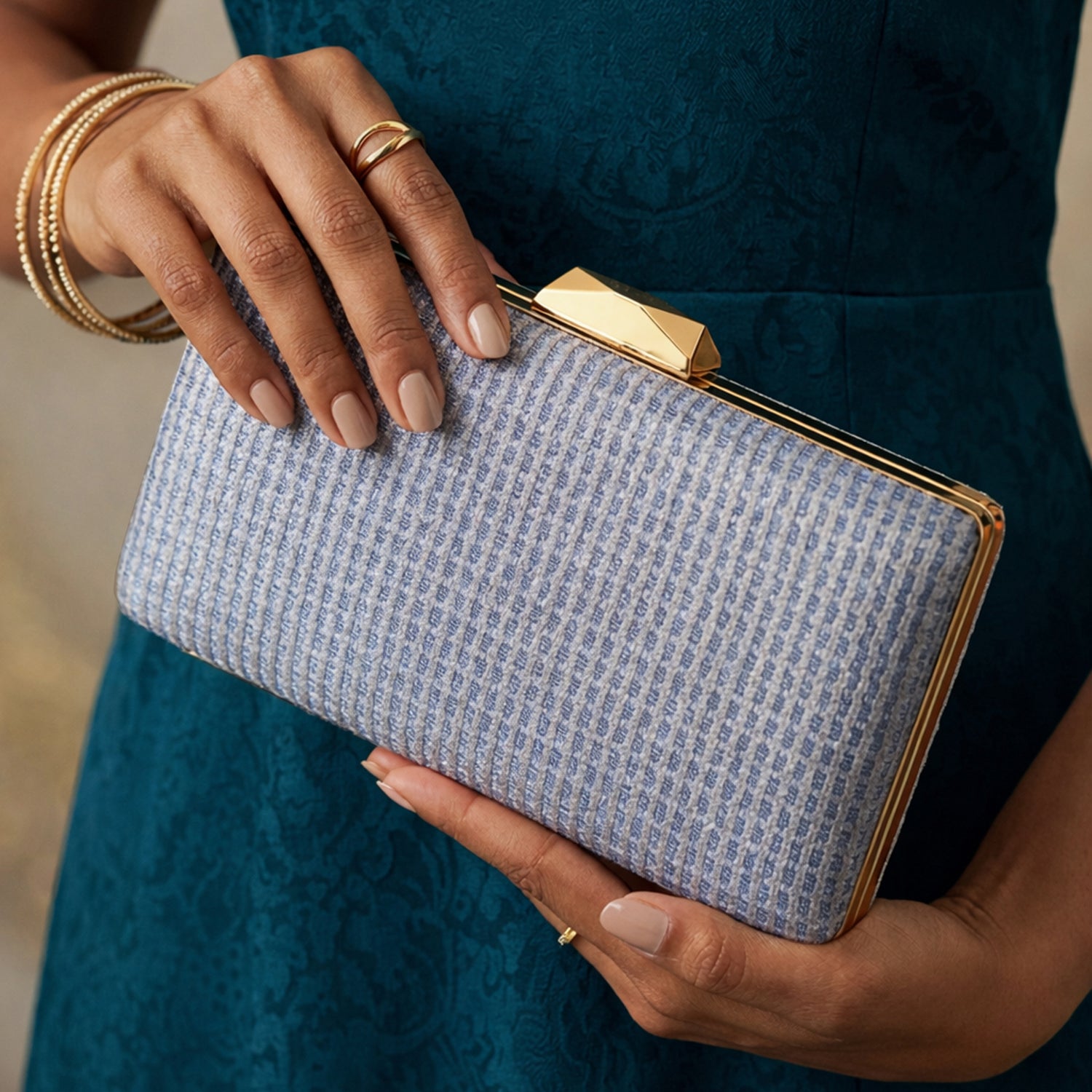 Artklim Elegant Dusty Blue Textured Shimmer Clutch