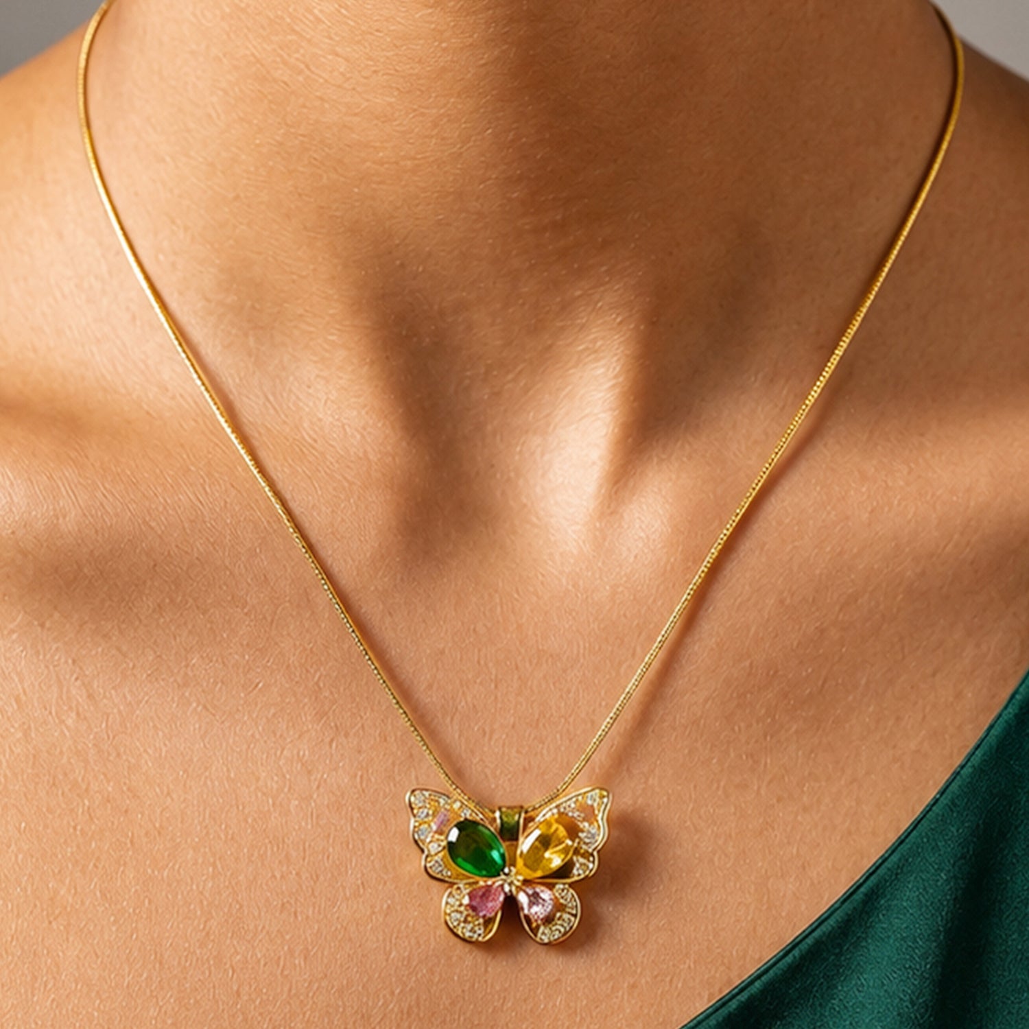 Artklim Multicolor Butterfly Gemstone Anti-Tarnish Pendant Necklace