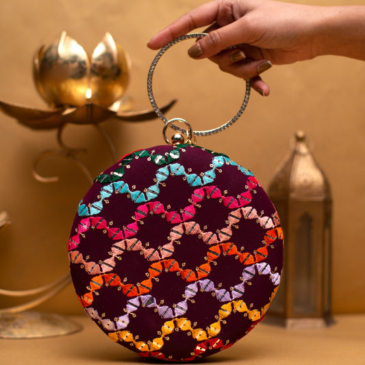 Maroon Multicoloured Round Embroidery Clutch