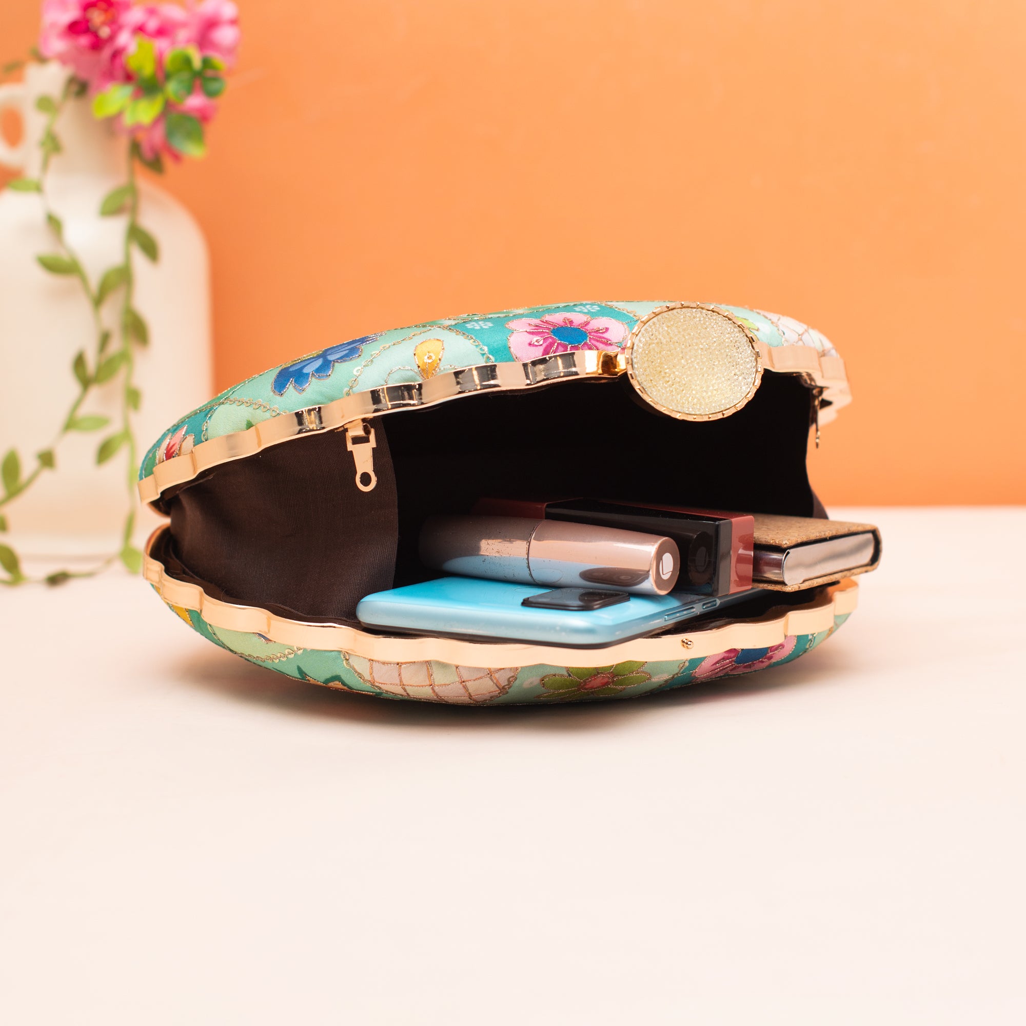 Artklim Peacock Sequins Embroidery D-Shape Clutch