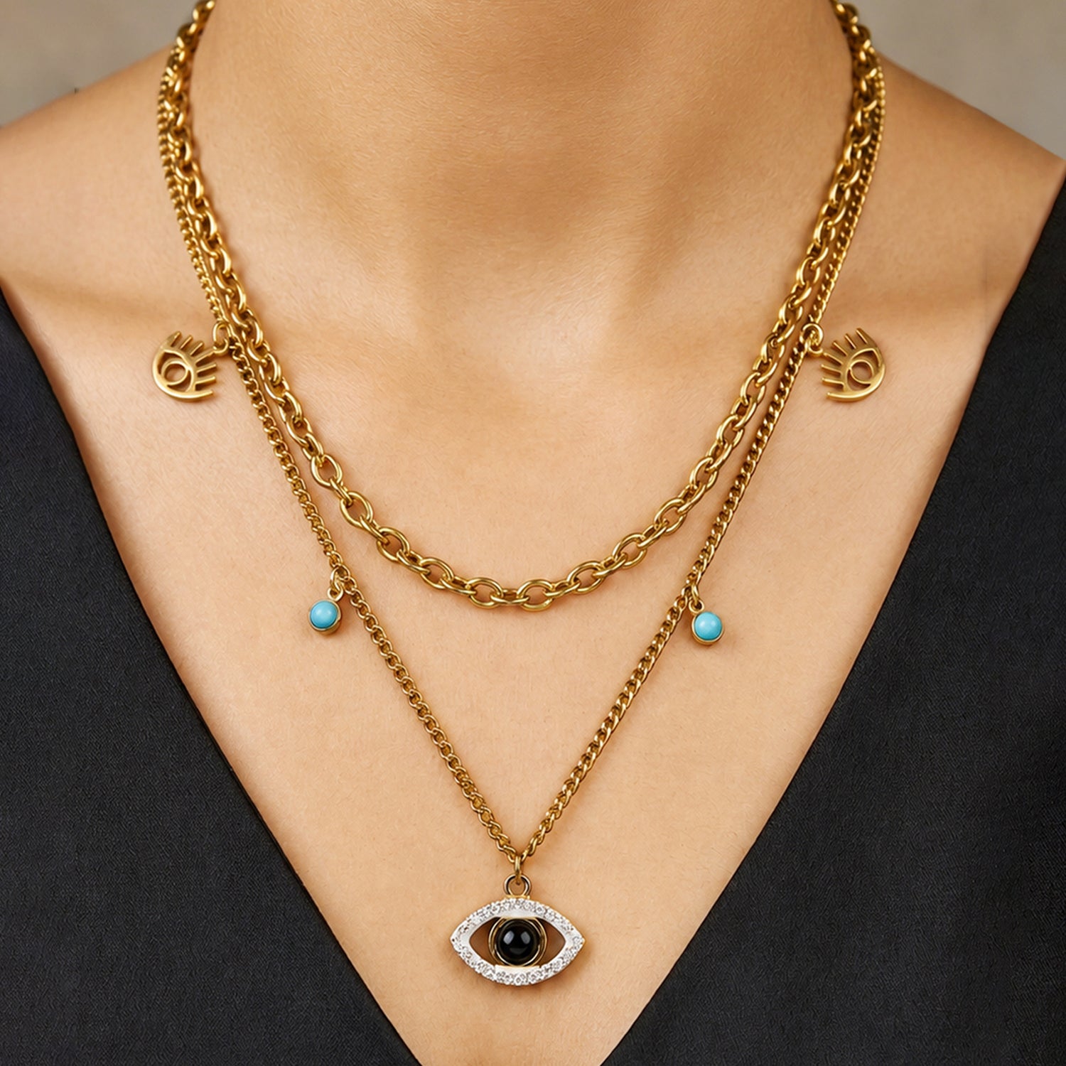 Artklim Evil Eye Layered Gold Anti-Tarnish Pendant Necklace
