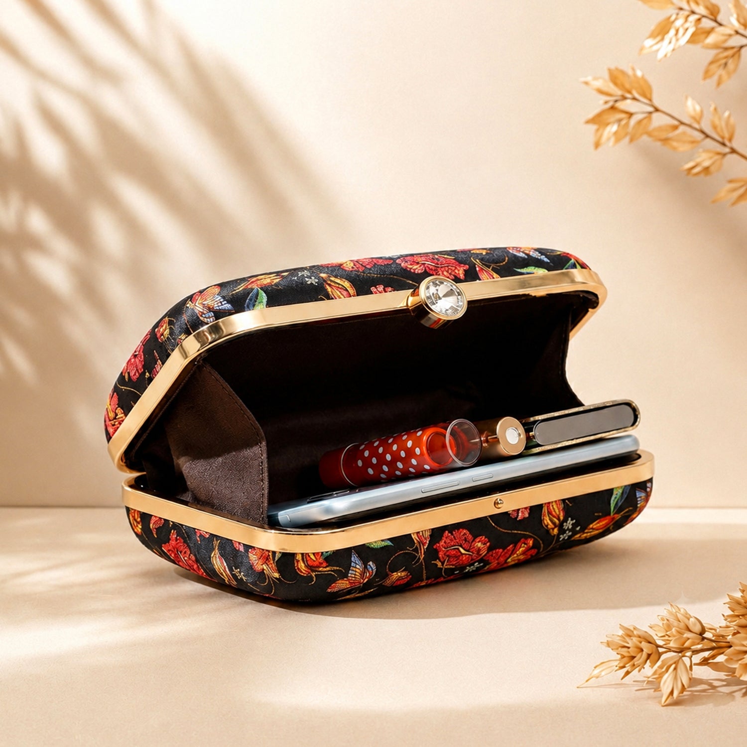 Artklim Black Floral & Butterfly Printed Designer Clutch