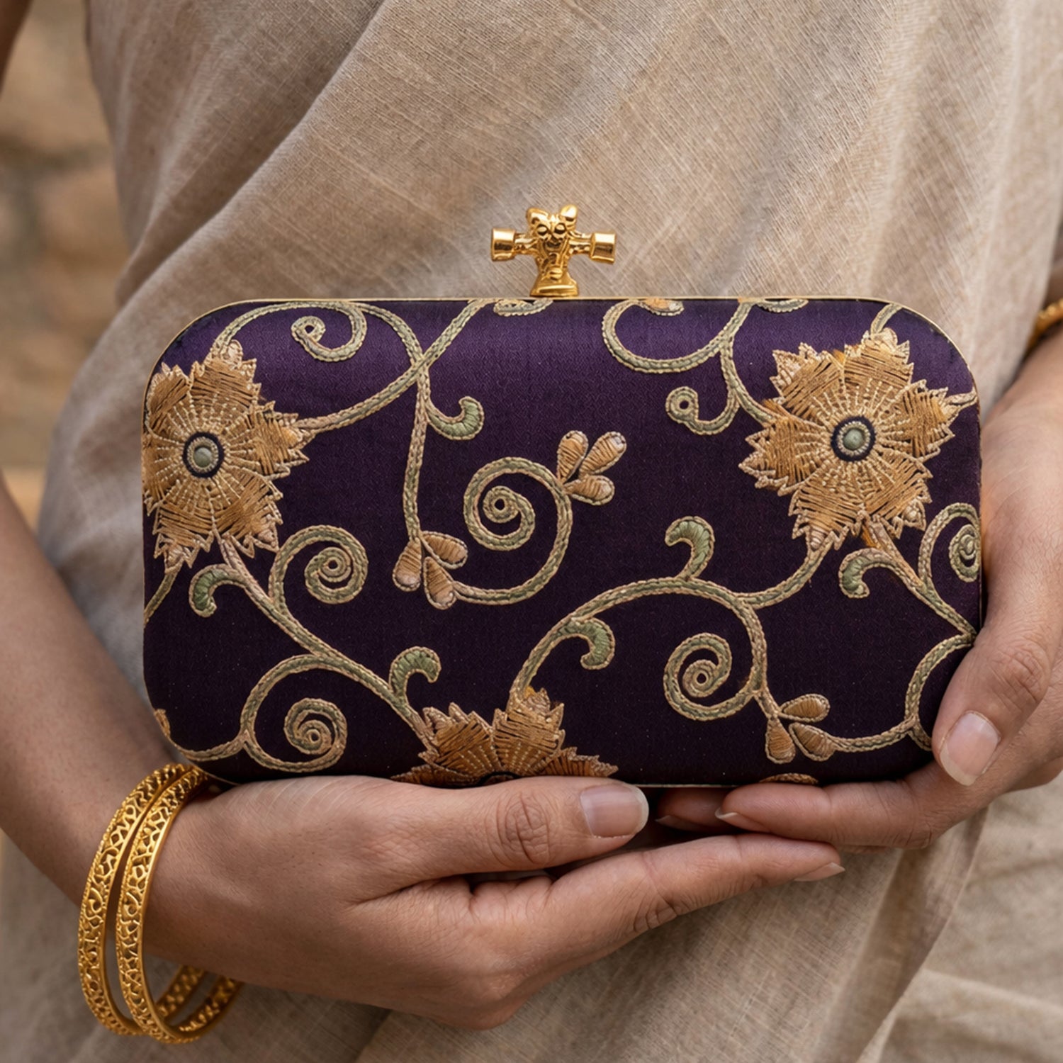 Artklim Royal Purple Floral Embroidered Clutch