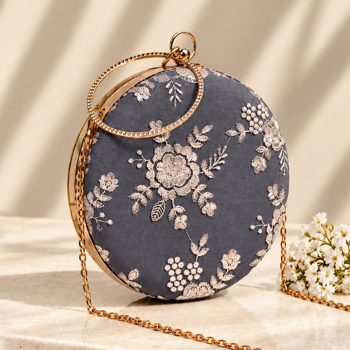 Artklim Elegant Grey Floral Embroidered Round Clutch Bag with Golden Crystal Ring Handle