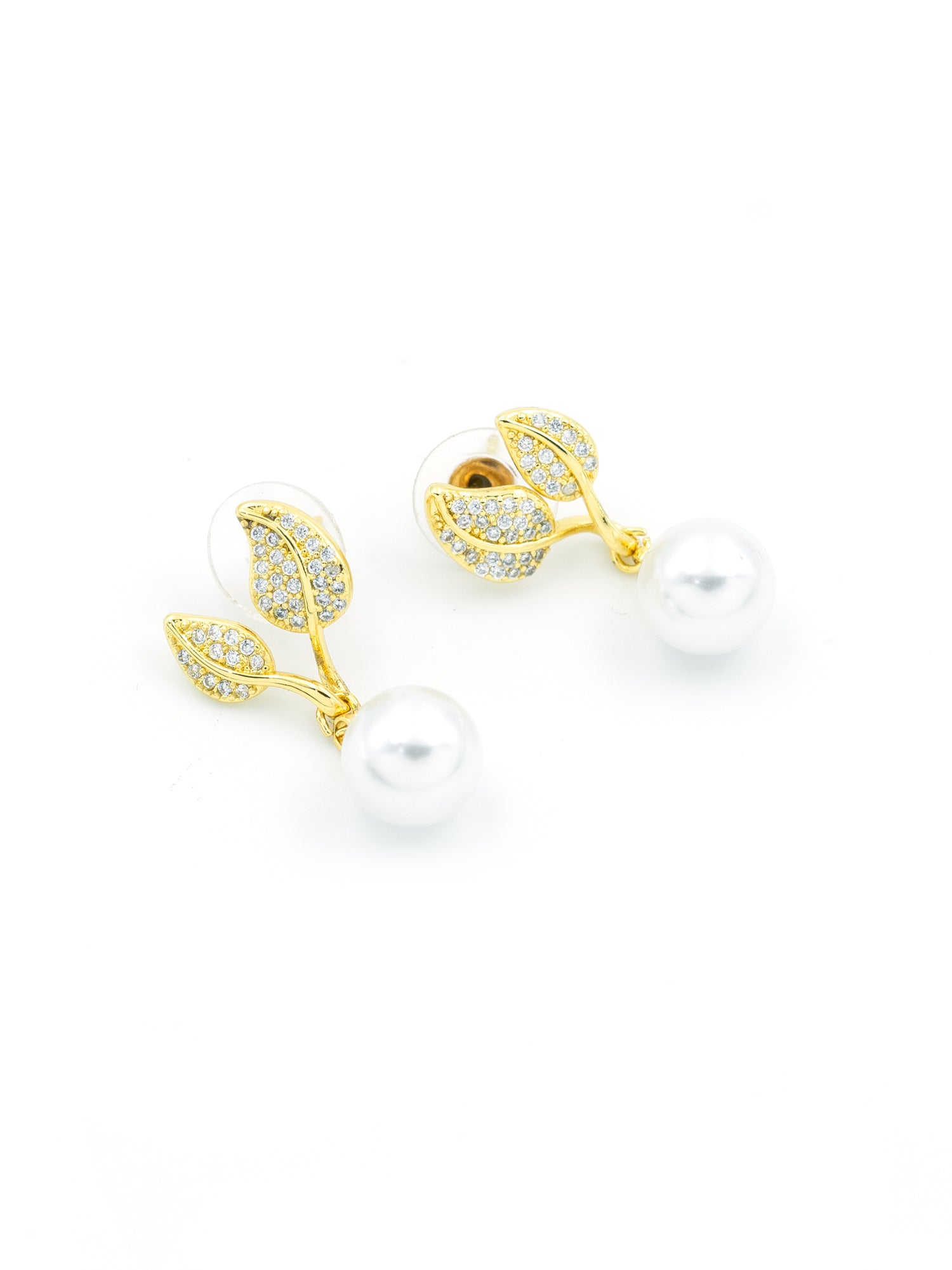 Artklim Gold plated Leaf Sparkle Pearl drop Earrings