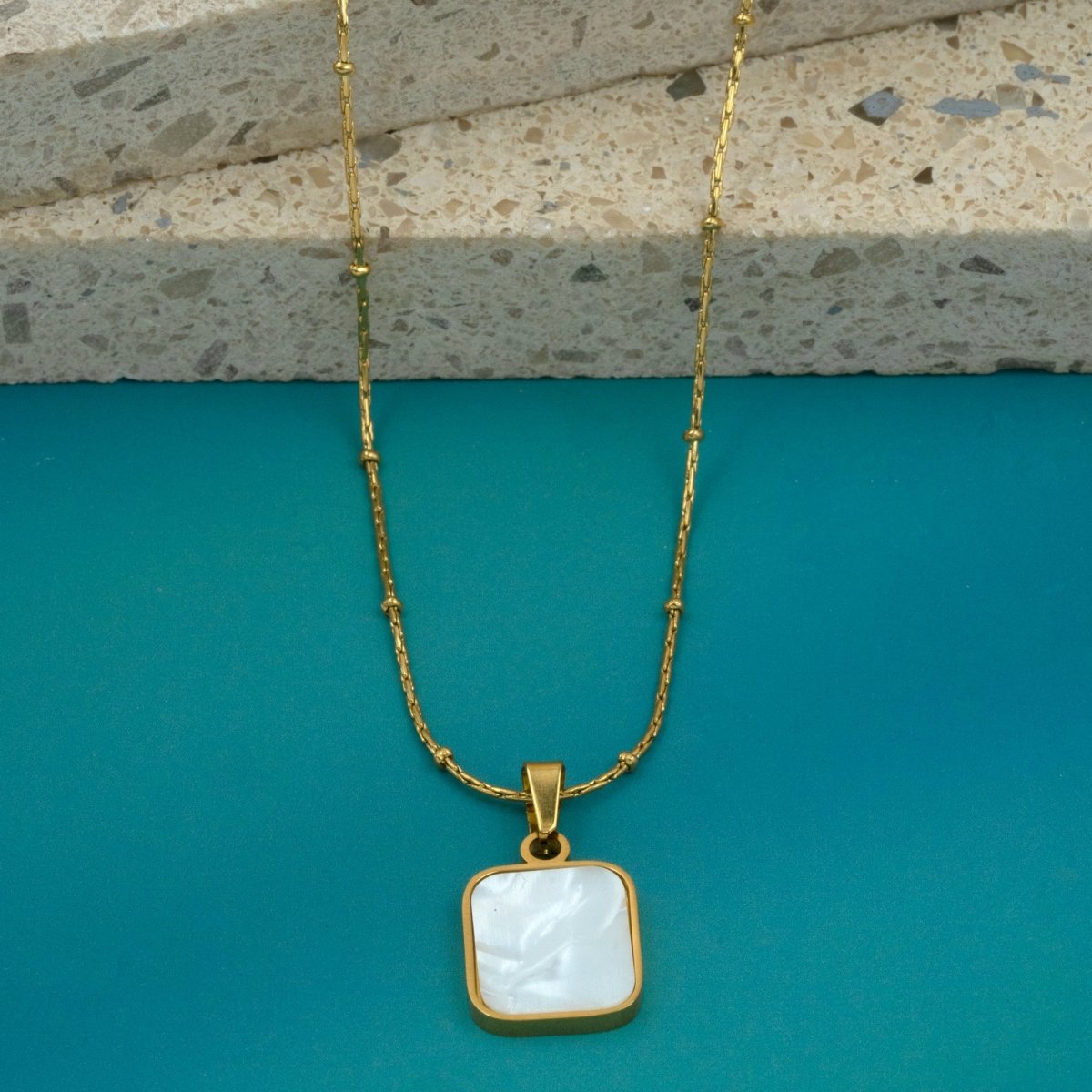 Artklim Gold Plated Square Shaped White MOP Pendant Necklace