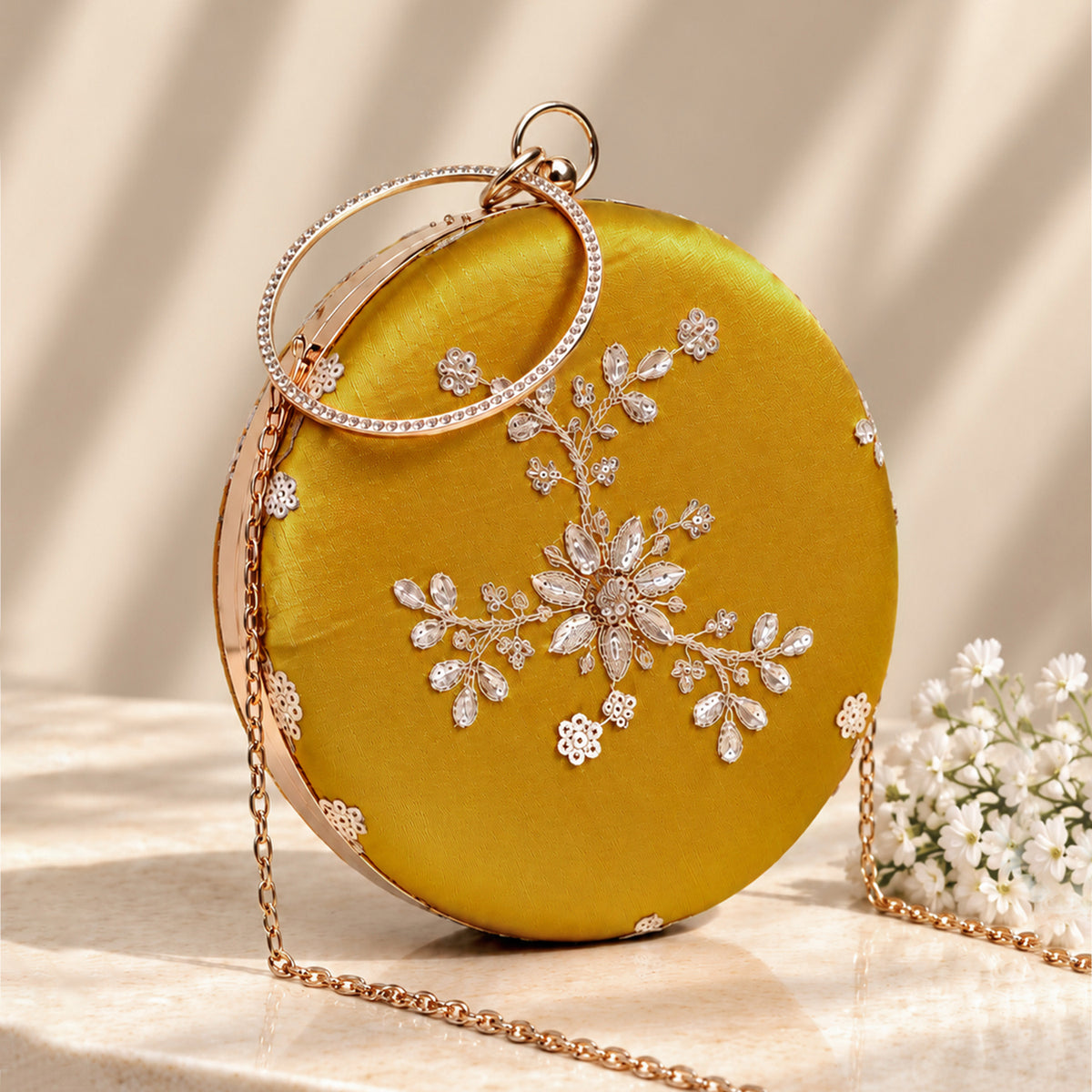 Artklim Elegant Mustard Gold Embroidery Round Clutch Bag with Golden Crystal Ring Handle