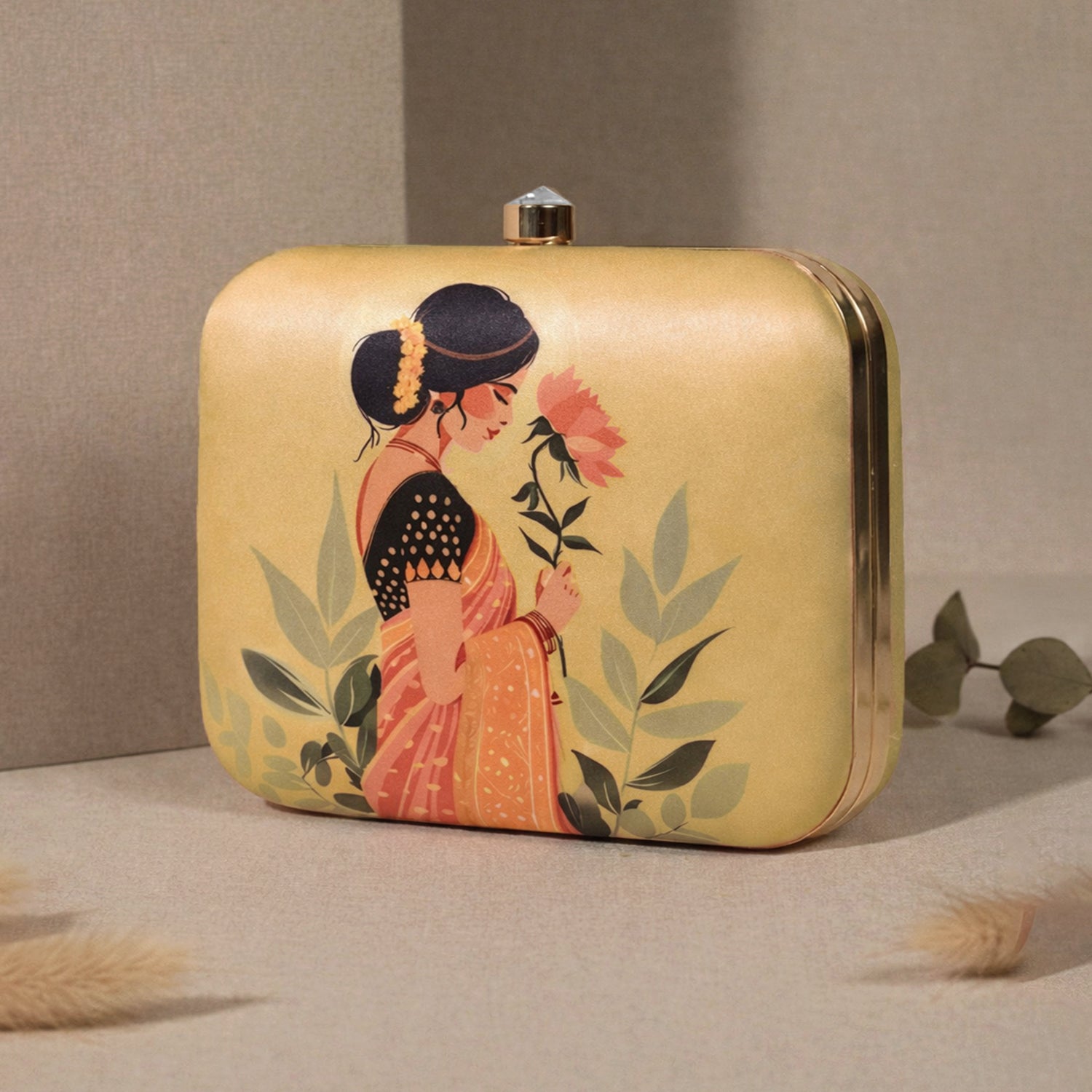 Artklim Beige Based Indian Woman In Saree Printed Clutch