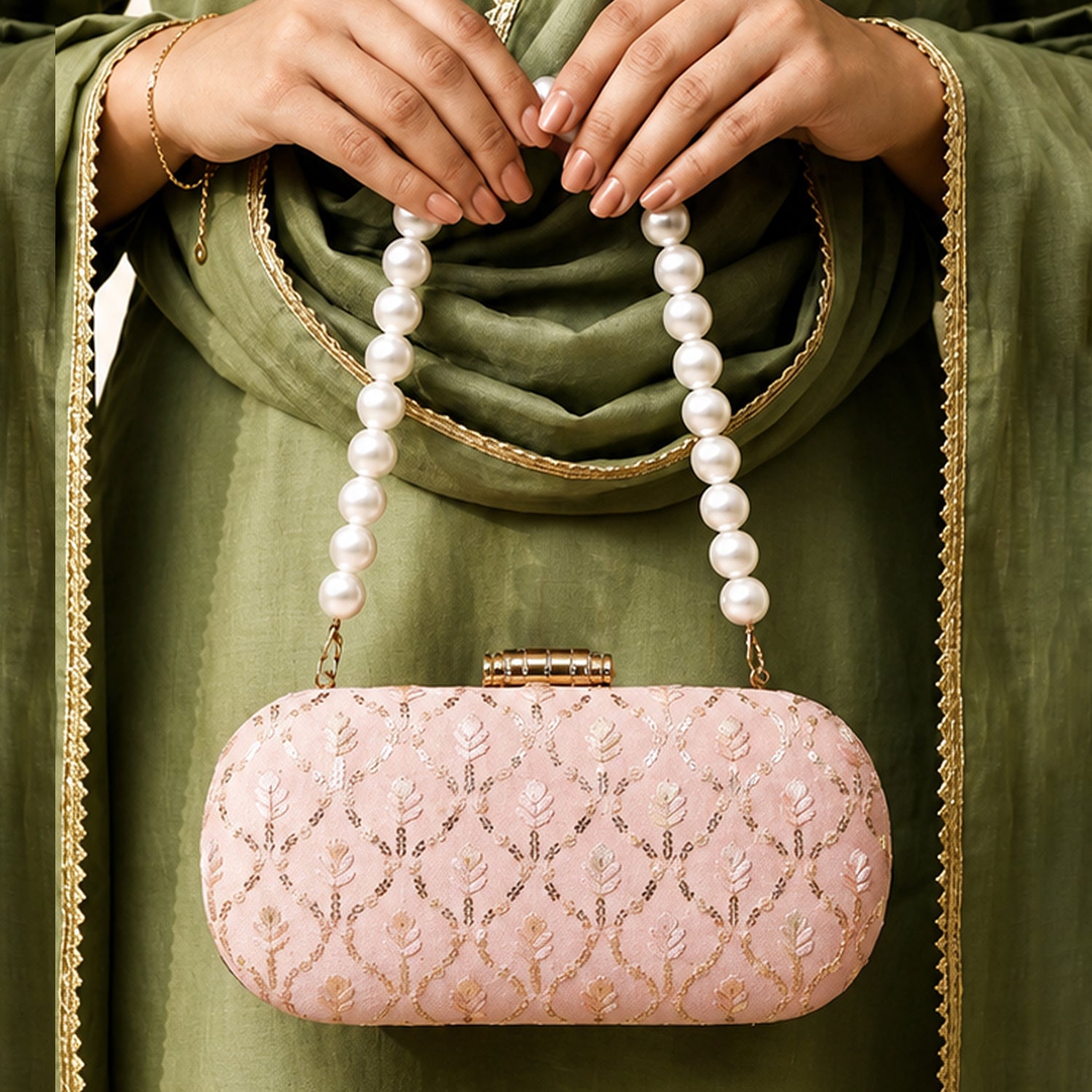 Artklim Pink Pearl Handle Floral Pattern Party Wear Embroidery Clutch