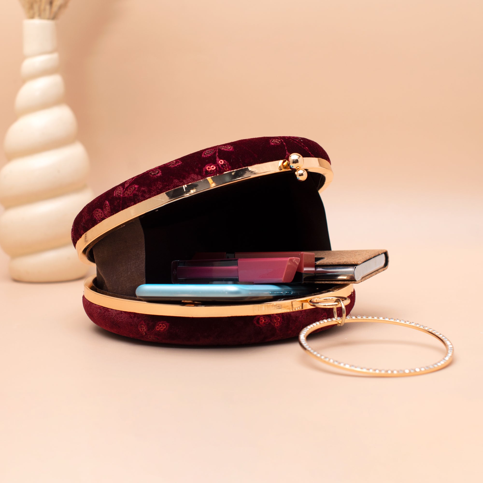 Artklim Velvet Maroon Floral Embroidered Clutch