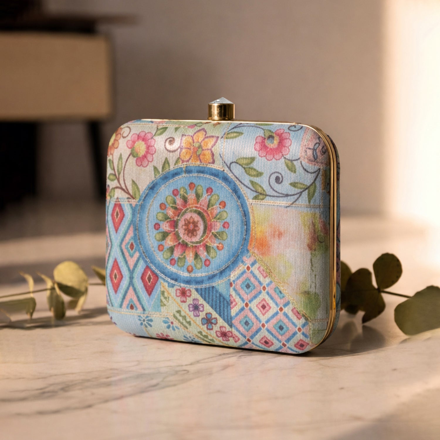 Artklim Women’s Blue Ethnic Patchwork Floral Box Embroidred Clutch