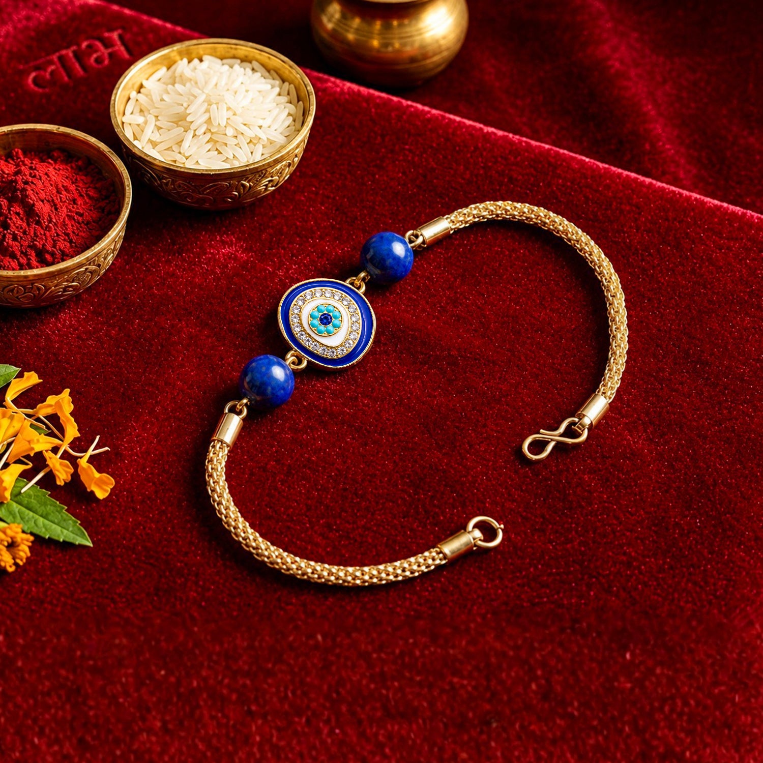 Artklim Blue Evil Eye Bhaiya Bhabhi Rakhi Set with Pearl Tassels