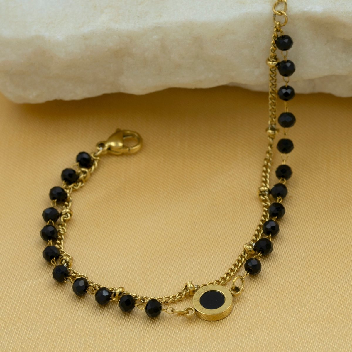 Artklim Gold Plated Black Beads With Roman Numeral Pendant Bracelet
